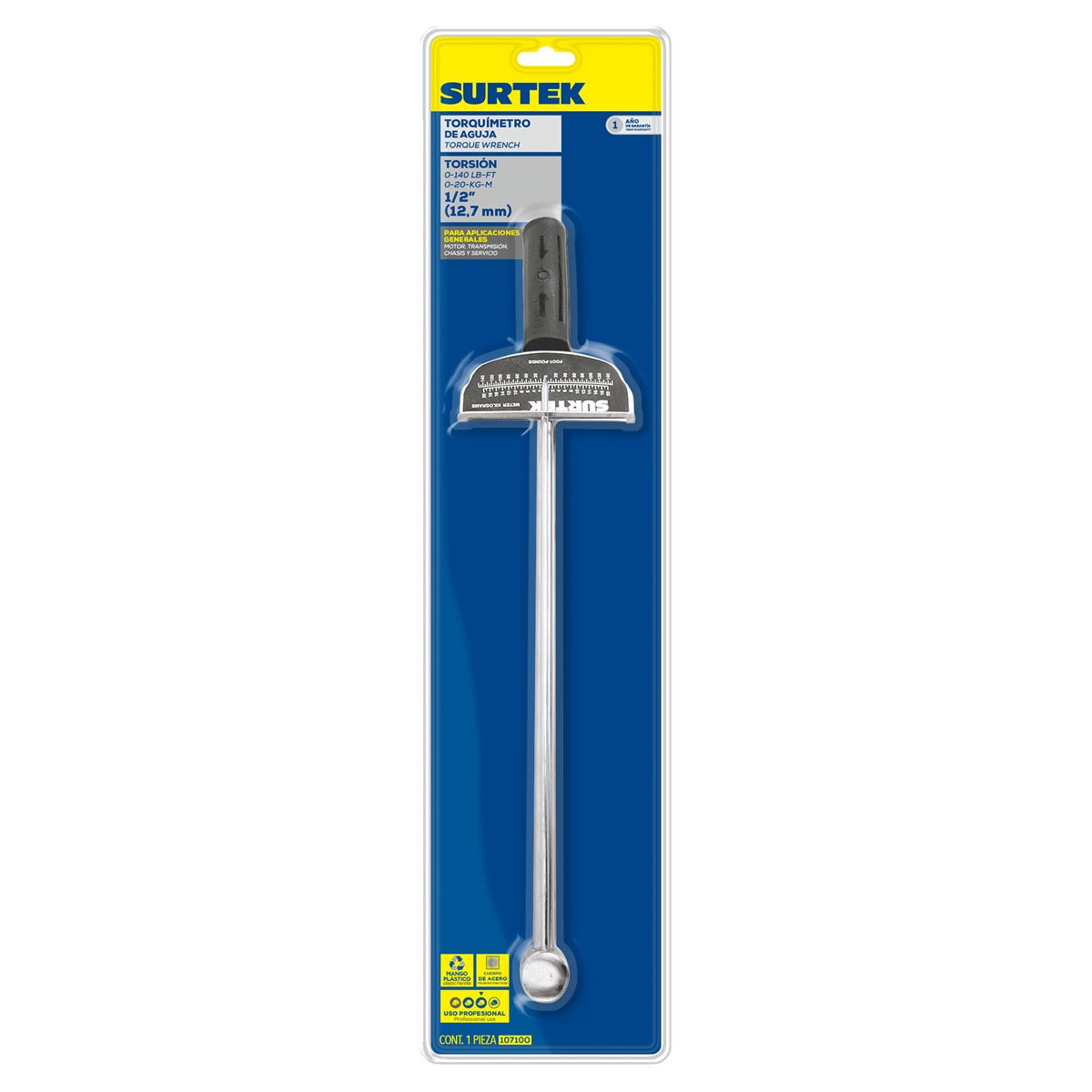 Torquímetro De Aguja Una Escala Dual Cuadro De 1/2, 0-140 ft-lb, Surtek 107100