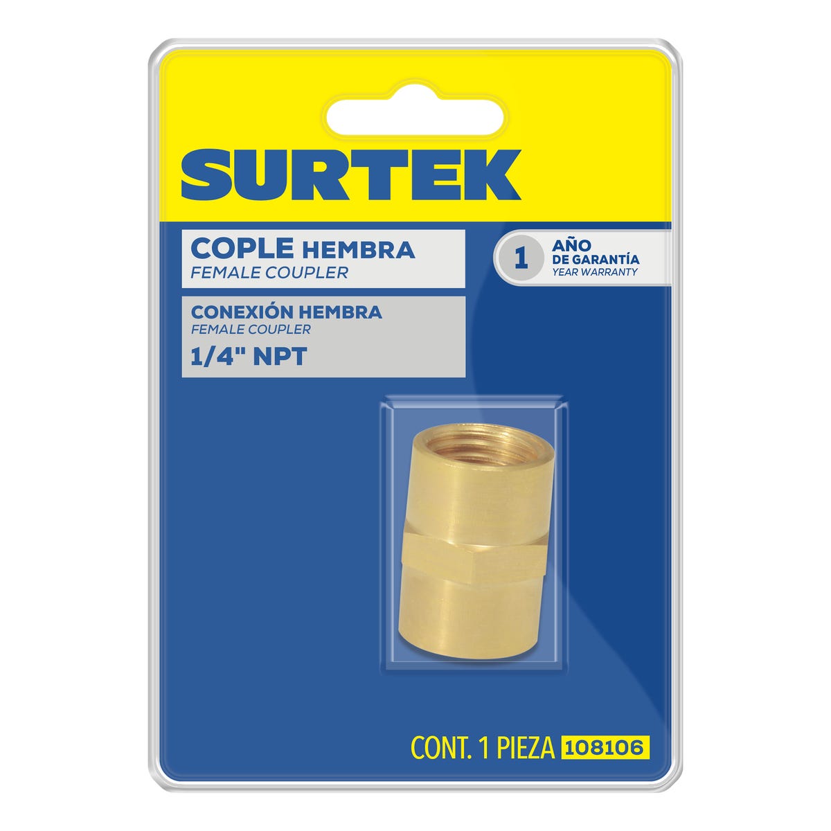 Conector De Latón 1/4 NPT, Hembra, Surtek 108106