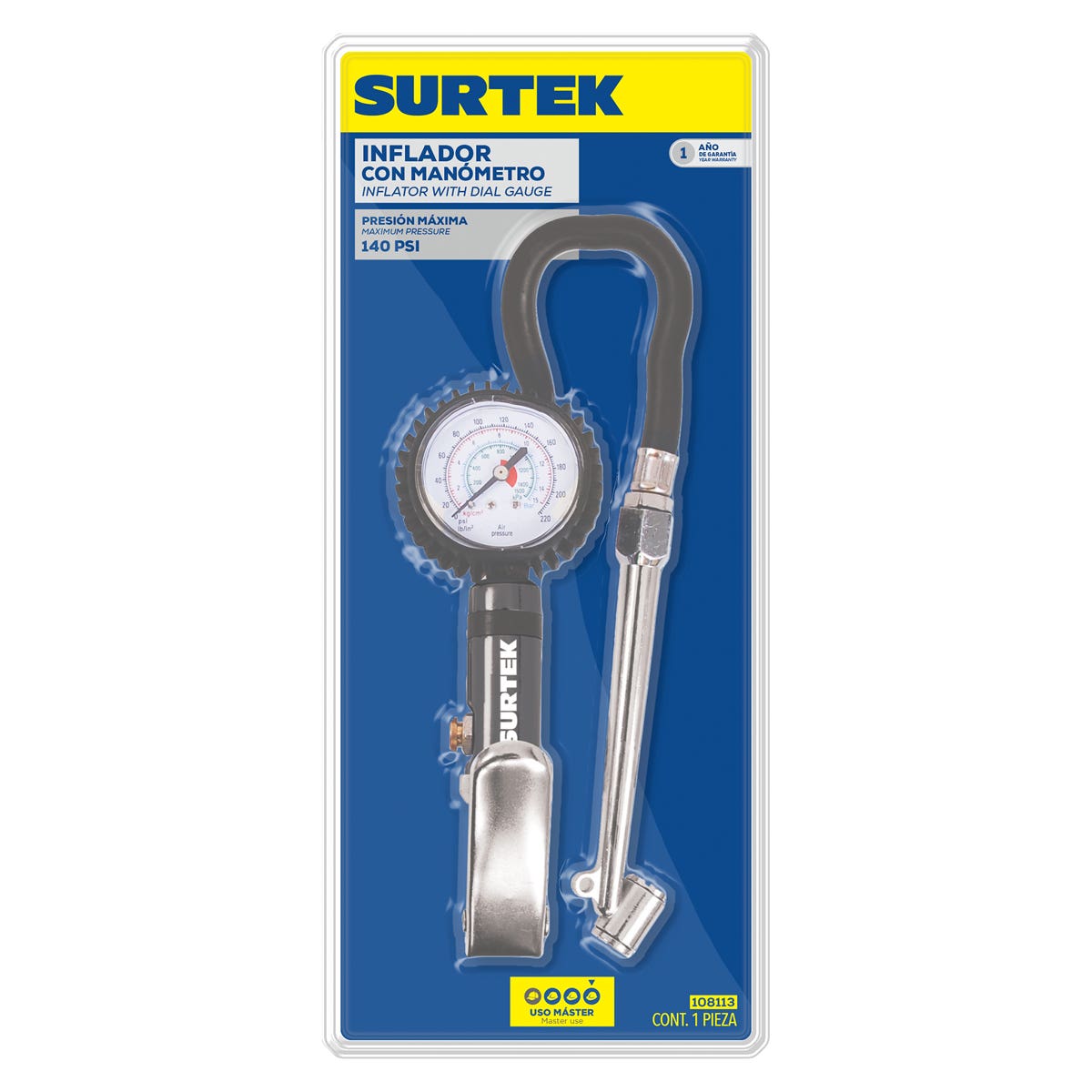 Inflador Con Manómetro 1/4 NPT, Surtek 108113