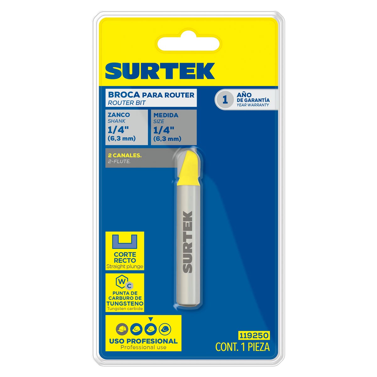 Broca Para Router De Acero Recta De 2 Filos 1/4 x 3/4 Zanco De 1/4, Surtek 119250