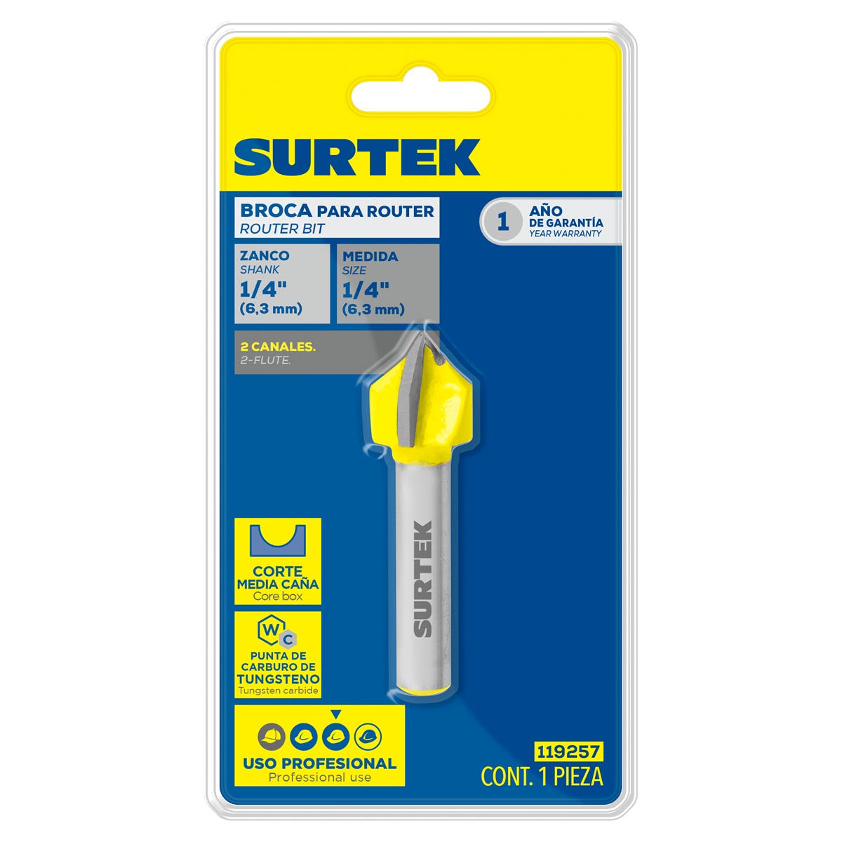 Broca Para Router De Acero De Media Caña 1/4 Zanco De 1/4, Surtek 119257