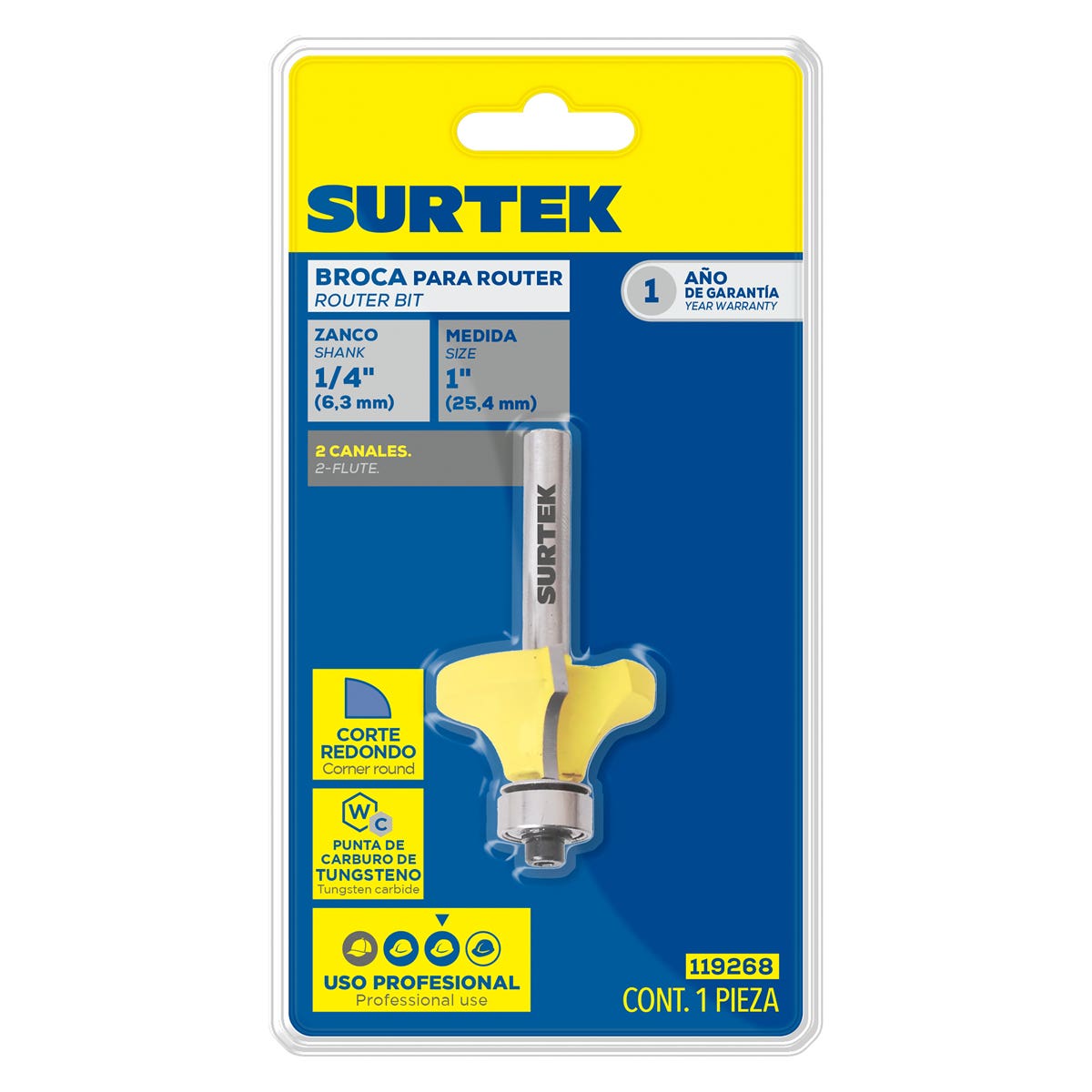 Broca Para Router De Acero Redondeadora Con Balero 1 Zanco De 1/4, Surtek 119268