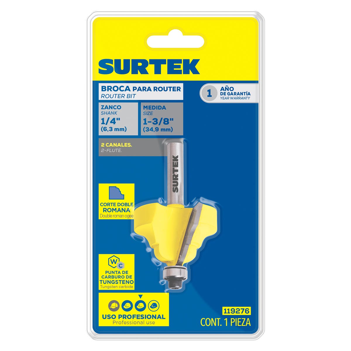Broca Para Router De Acero Romana Con Balero 1-3/8 Zanco De 1/4, Surtek 119276