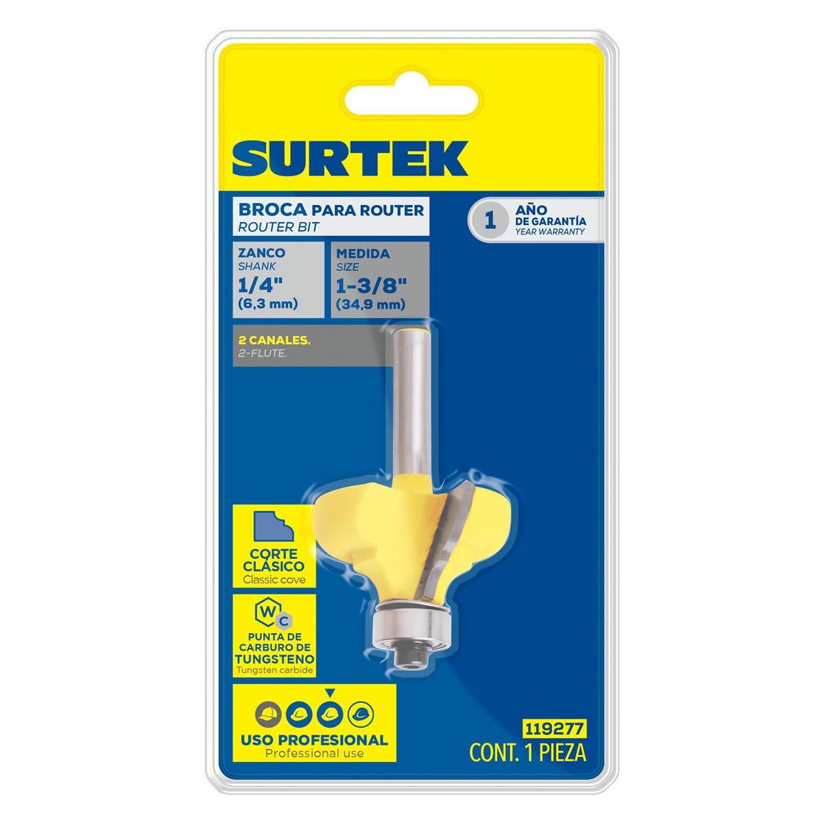 Broca Para Router De Acero Moldura Clásica Con Balero 1-3/8 Zanco De 1/4, Surtek 119277