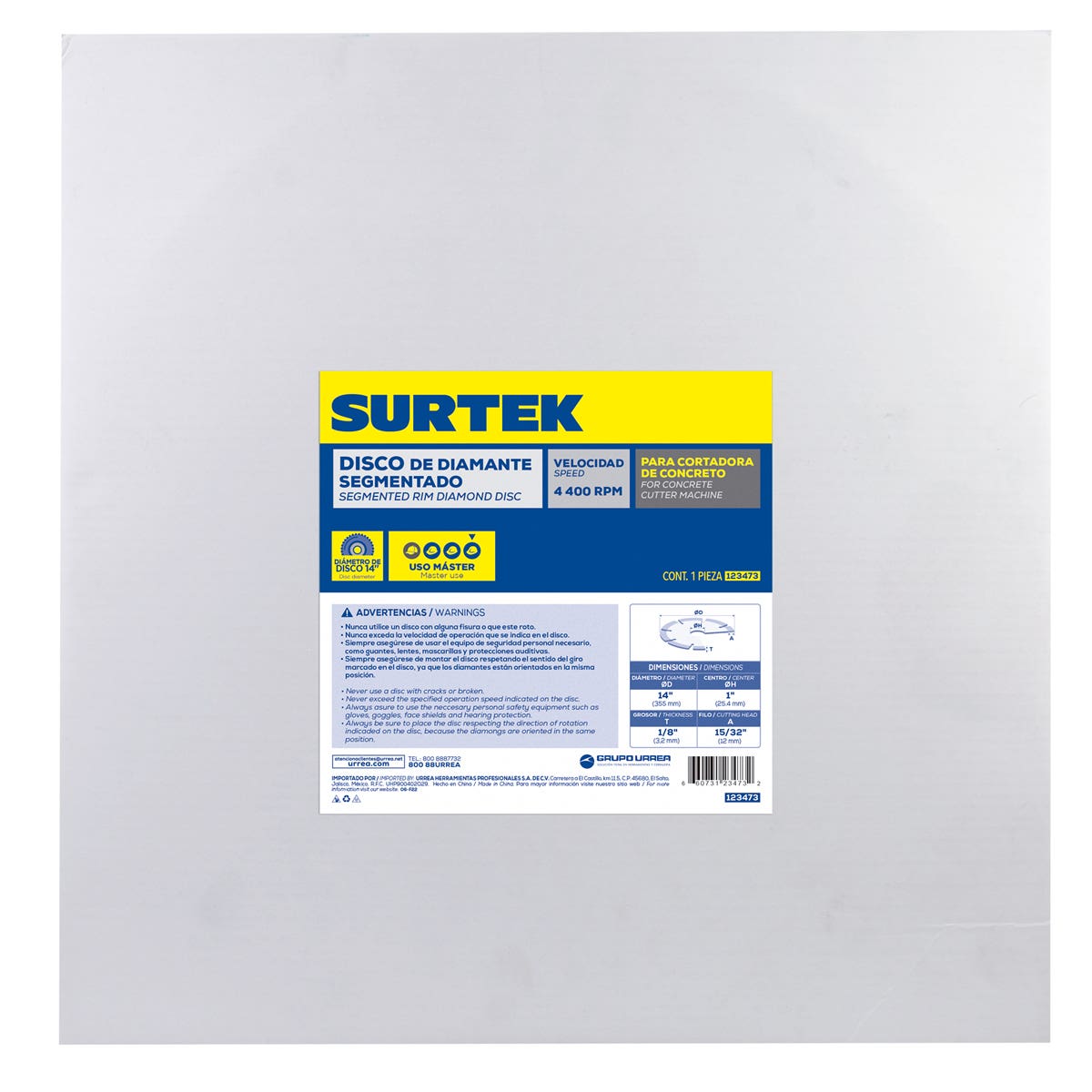 Disco De Diamante Para Cortadora De Concreto, 14, Surtek 123473