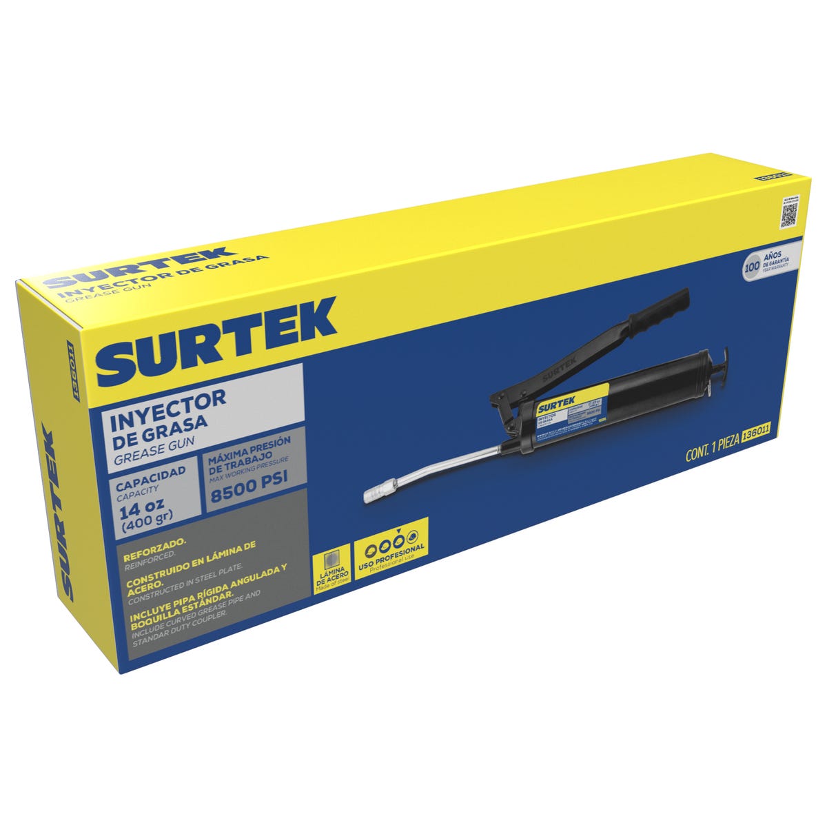 Inyector De Grasa A Dos Manos Reforzado De 400 g, 8500 PSI, Surtek 136011