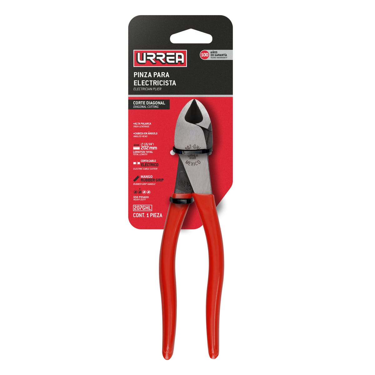 Pinza de corte diagonal alta palanca 7-15/16" Urrea 207GHL