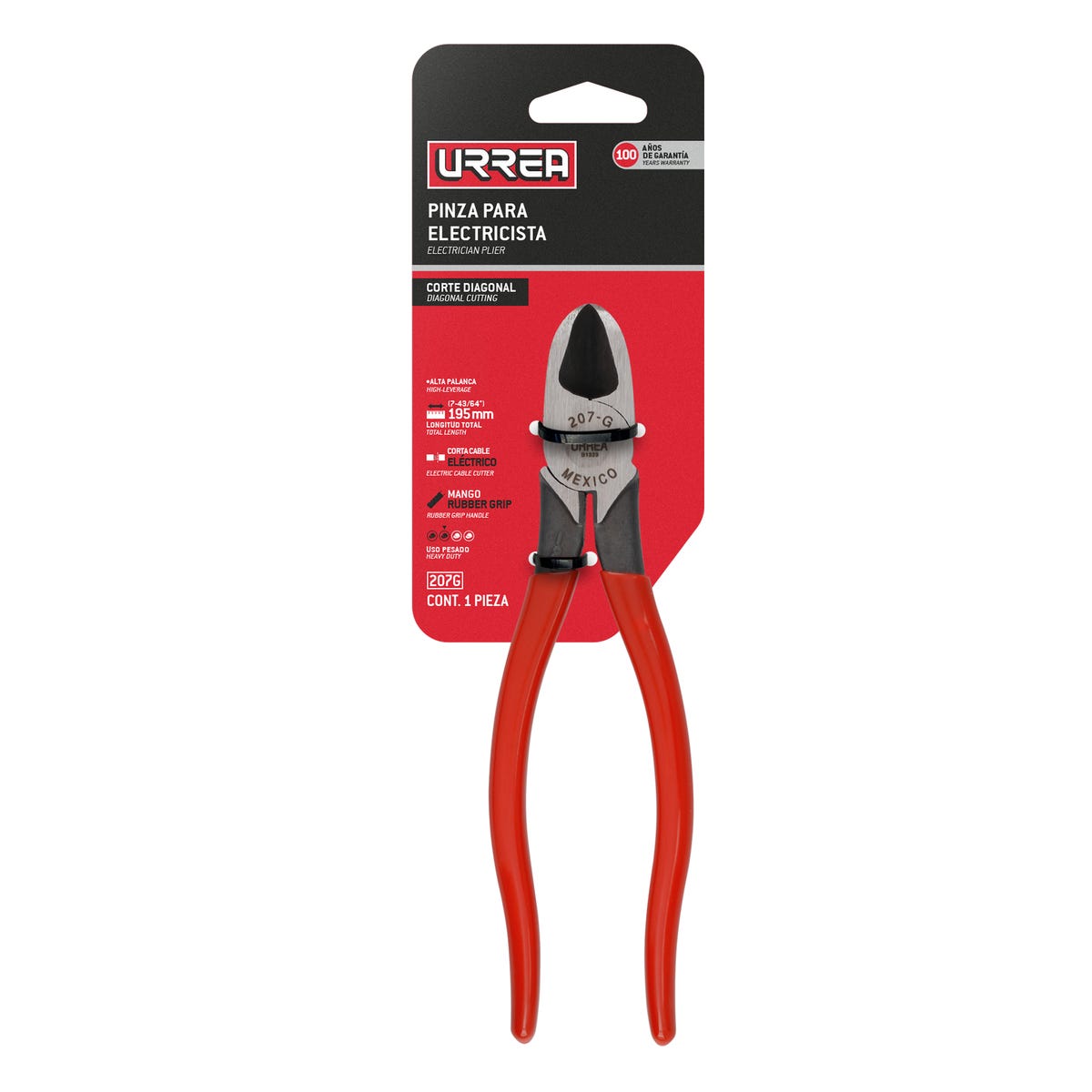 Pinza Para Electricista Con Mango Rubber Grip Alta Palanca Corte Diagonal De 7-3/4, Urrea 207G
