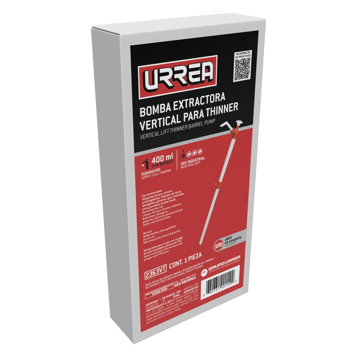 Bomba Extractora Vertical Para Thinner, Suministro 400 ml Por Ciclo, Urrea 2363VT