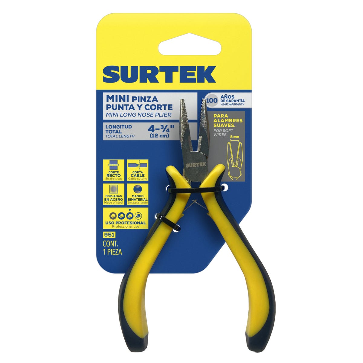 Mini Pinza Para Electrónica Con Mango Bimaterial Corte Lateral De 4-3/4, Surtek 951