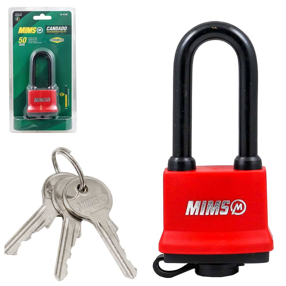 Candado Recubierto de PVC de Hierro Gancho Largo con 3 Llaves 50MM | BL-0180