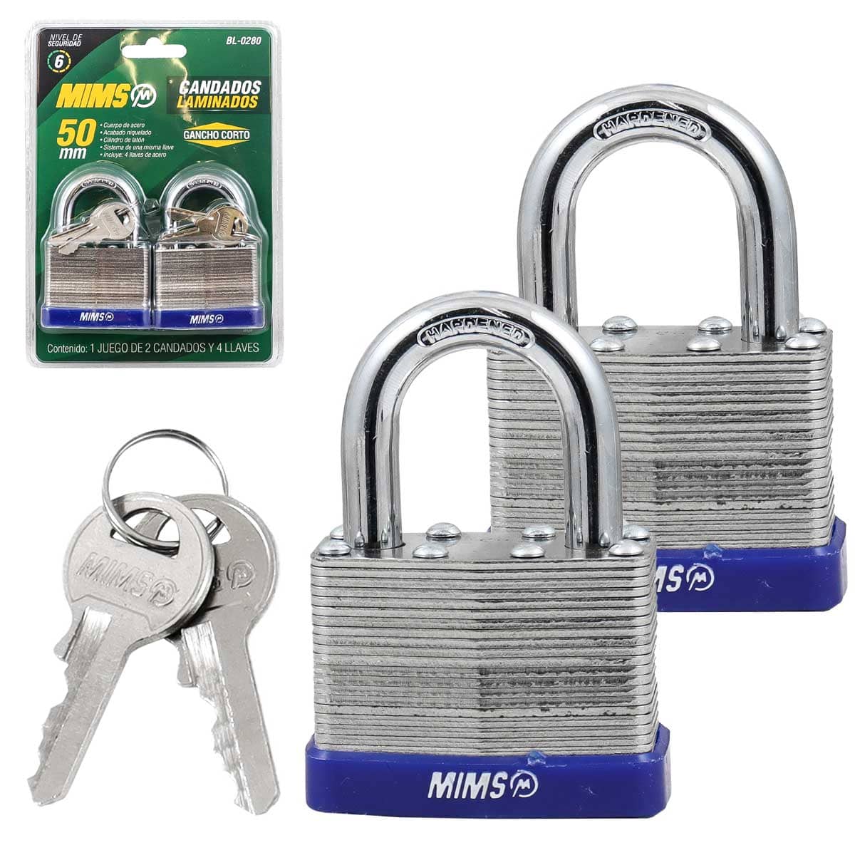 Juego de 2 Candados de Acero Cuerpo Laminado 50MM con 4 Llaves | BL-0280