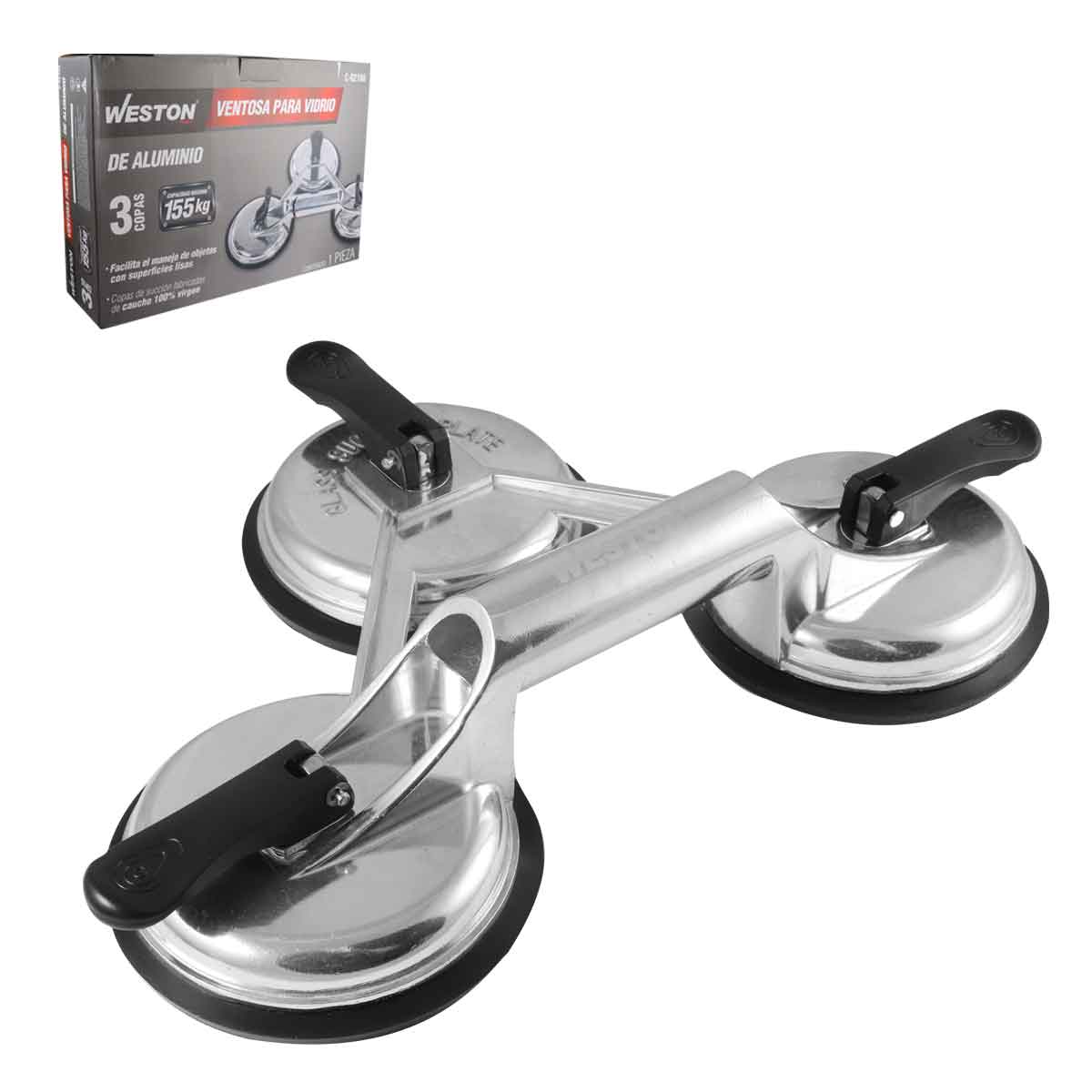 Ventosa para Vidrio de Aluminio 3 Copas Capacidad 155 KG | C-02166