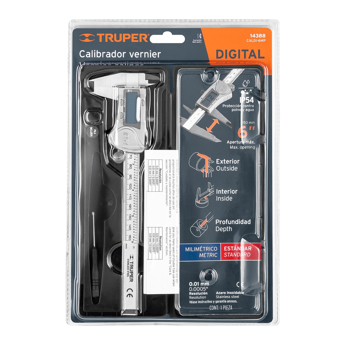 14388 CALDI-6MP Calibrador vernier digital 6", acero inox, std y mm, TRUPER
