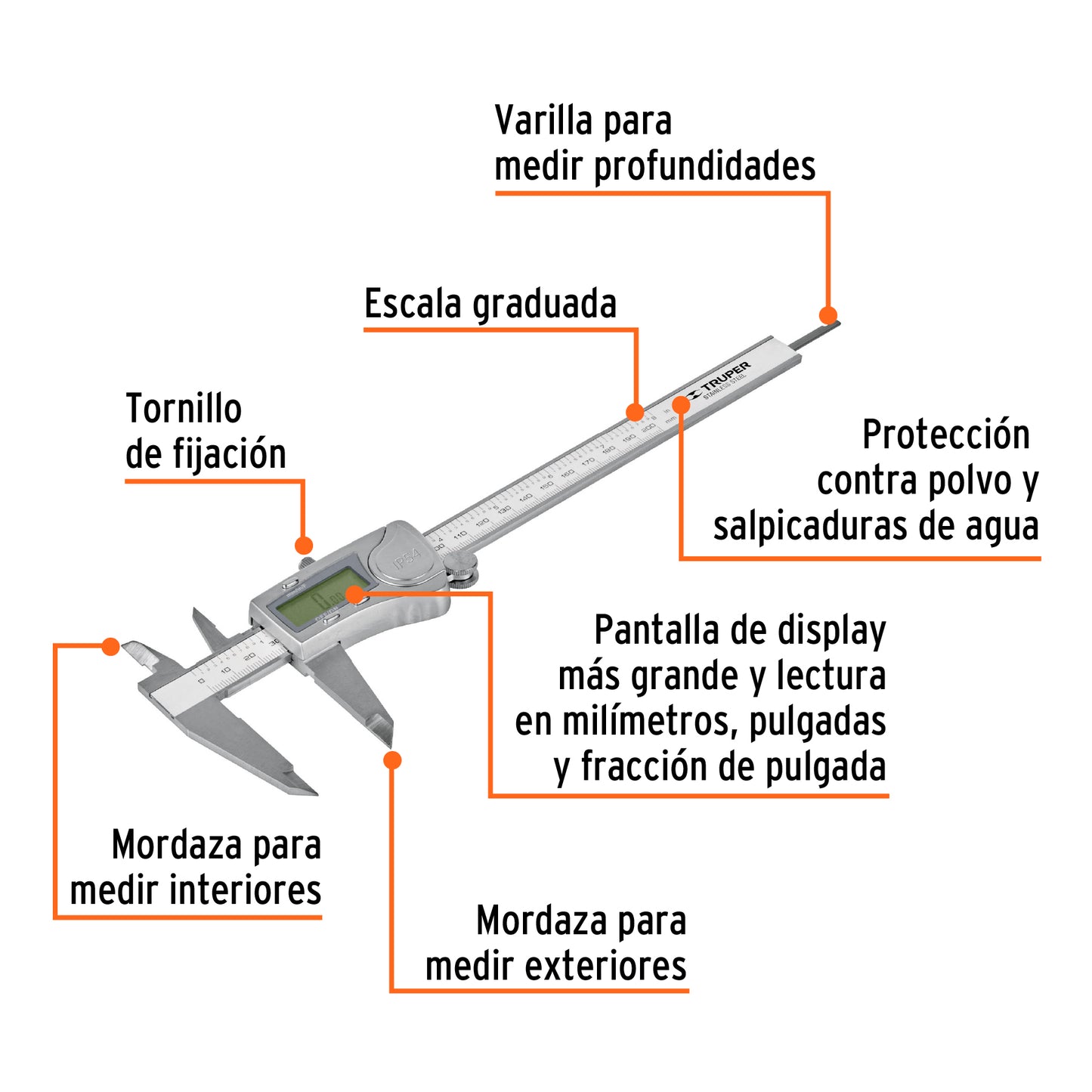 14388 CALDI-6MP Calibrador vernier digital 6", acero inox, std y mm, TRUPER