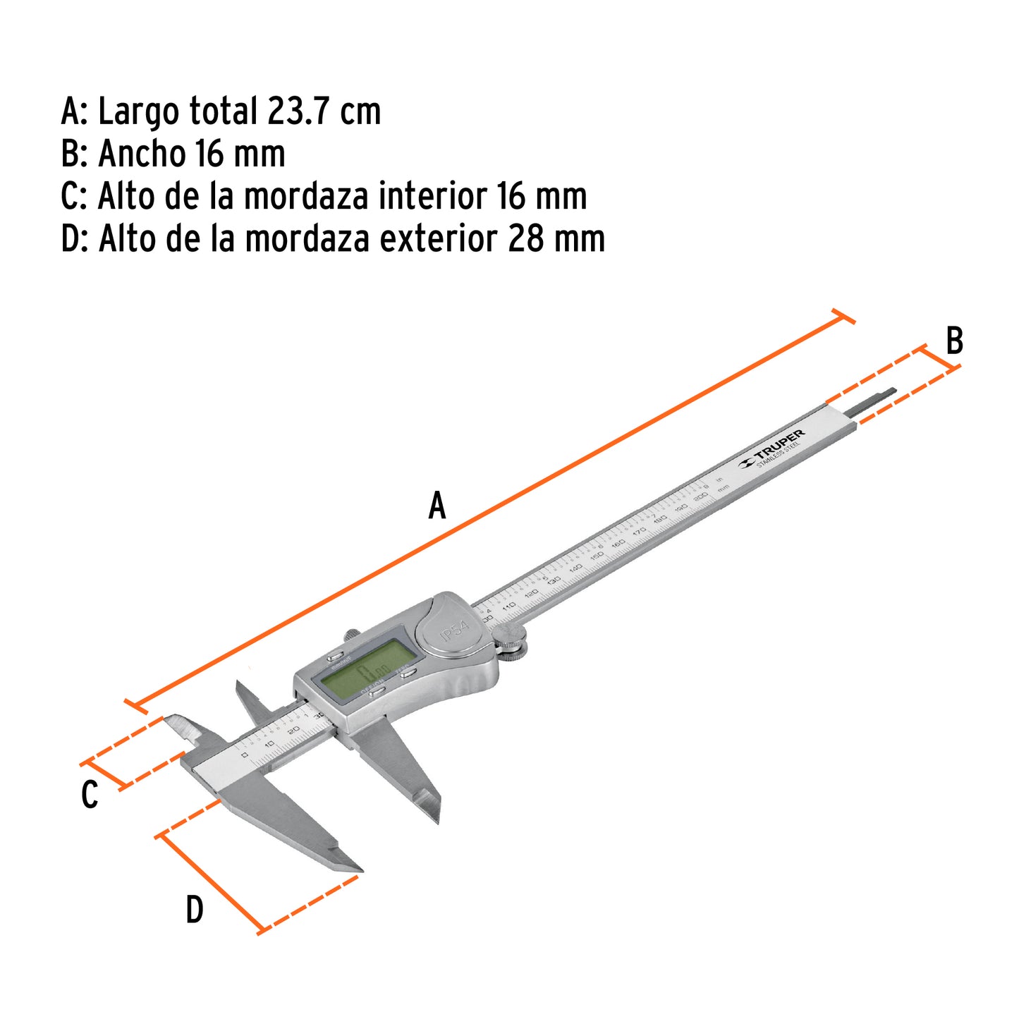 14388 CALDI-6MP Calibrador vernier digital 6", acero inox, std y mm, TRUPER