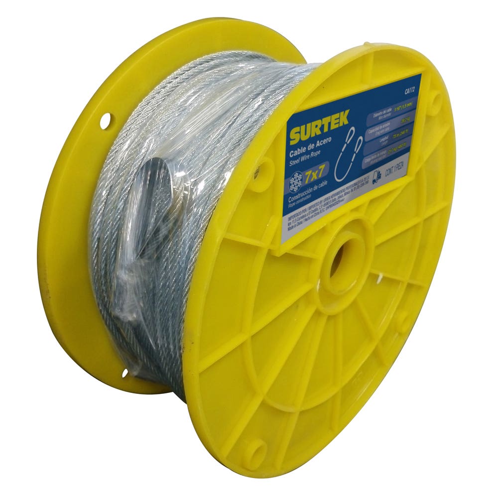 Cable De Acero Con Grillete Recubrimiento PVC 7 x 7 Hilos, 1/16 x 76 m, Surtek CAP112
