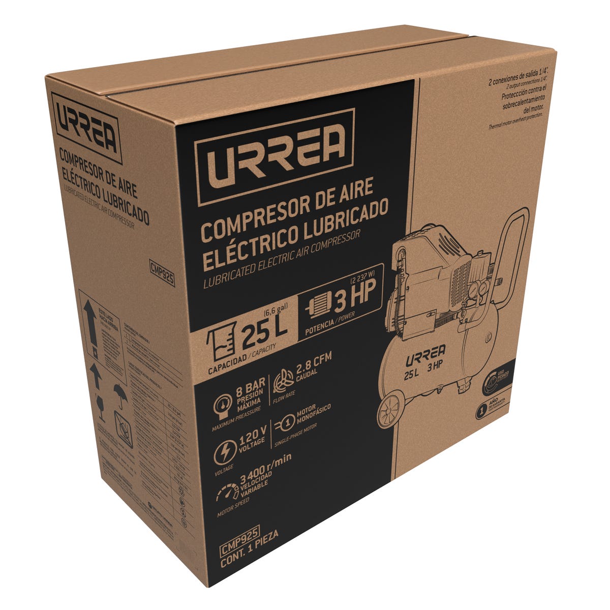 Compresor De Aire Eléctrico Lubricado 25 L, 3 HP, Urrea CMP925