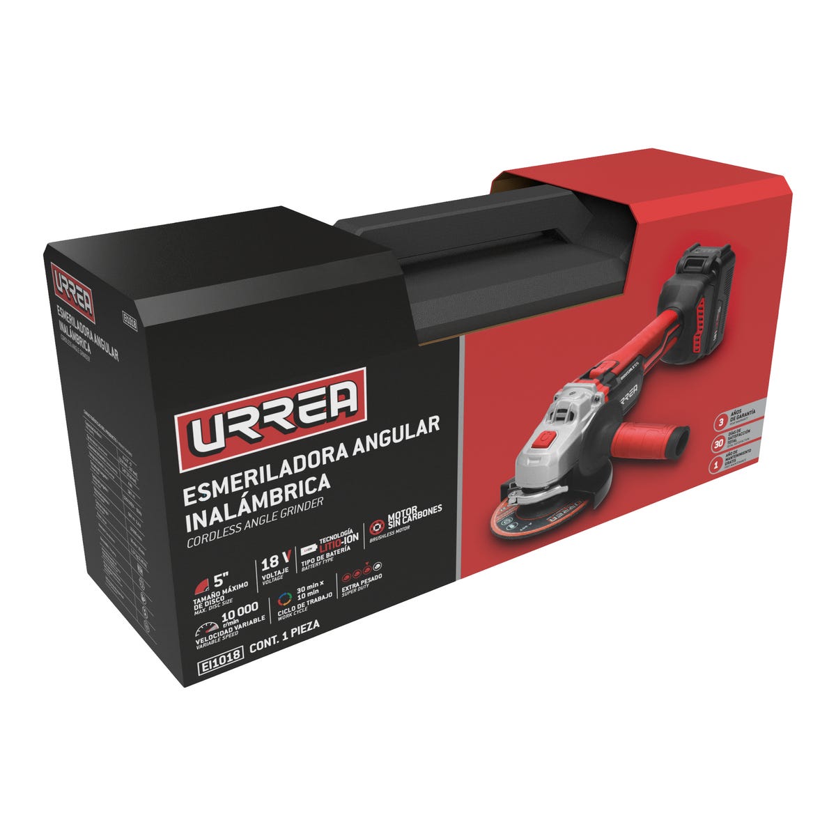 Esmeriladora Angular Inalámbrica 4-1/2 - 5 A Batería Litio-Ion 18 V, 4 Ah, Urrea EI1018