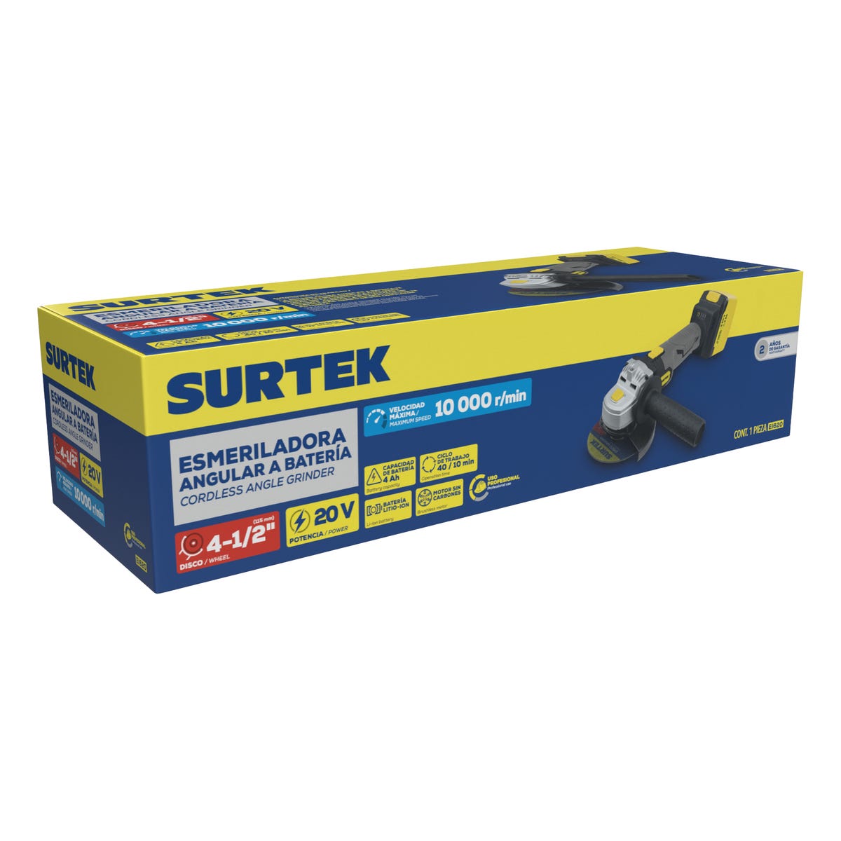 Esmeriladora Angular A Batería Litio-Ion 5 20 V, 10000 RPM, Surtek EI620