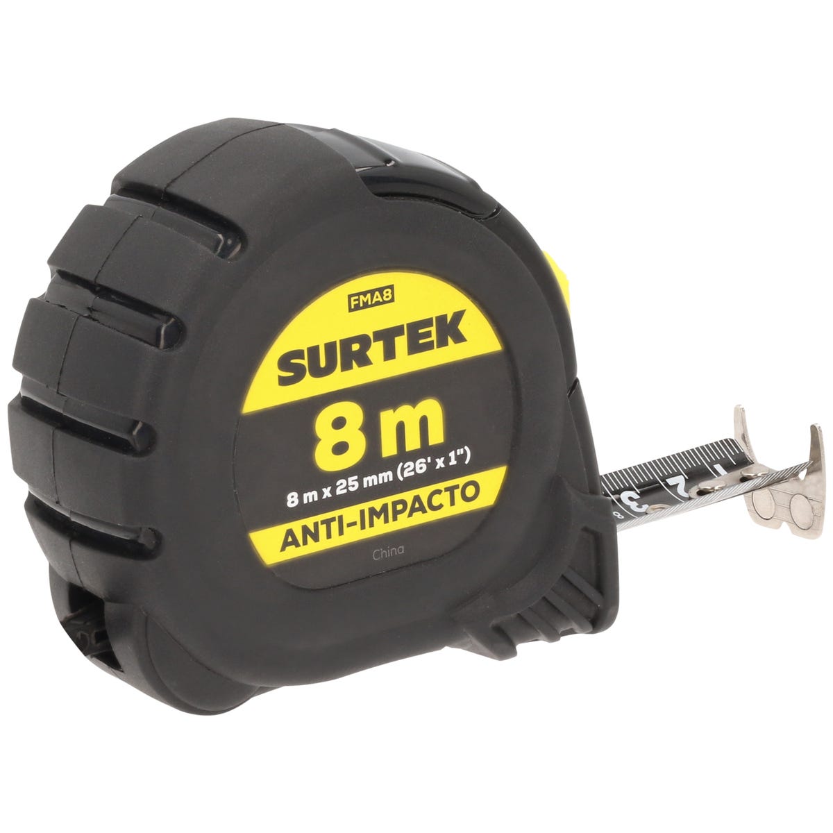 Flexómetro Con Carcasa Anti-Impacto Cinta Color Negro, 8 m x 25 mm, Surtek FMA8