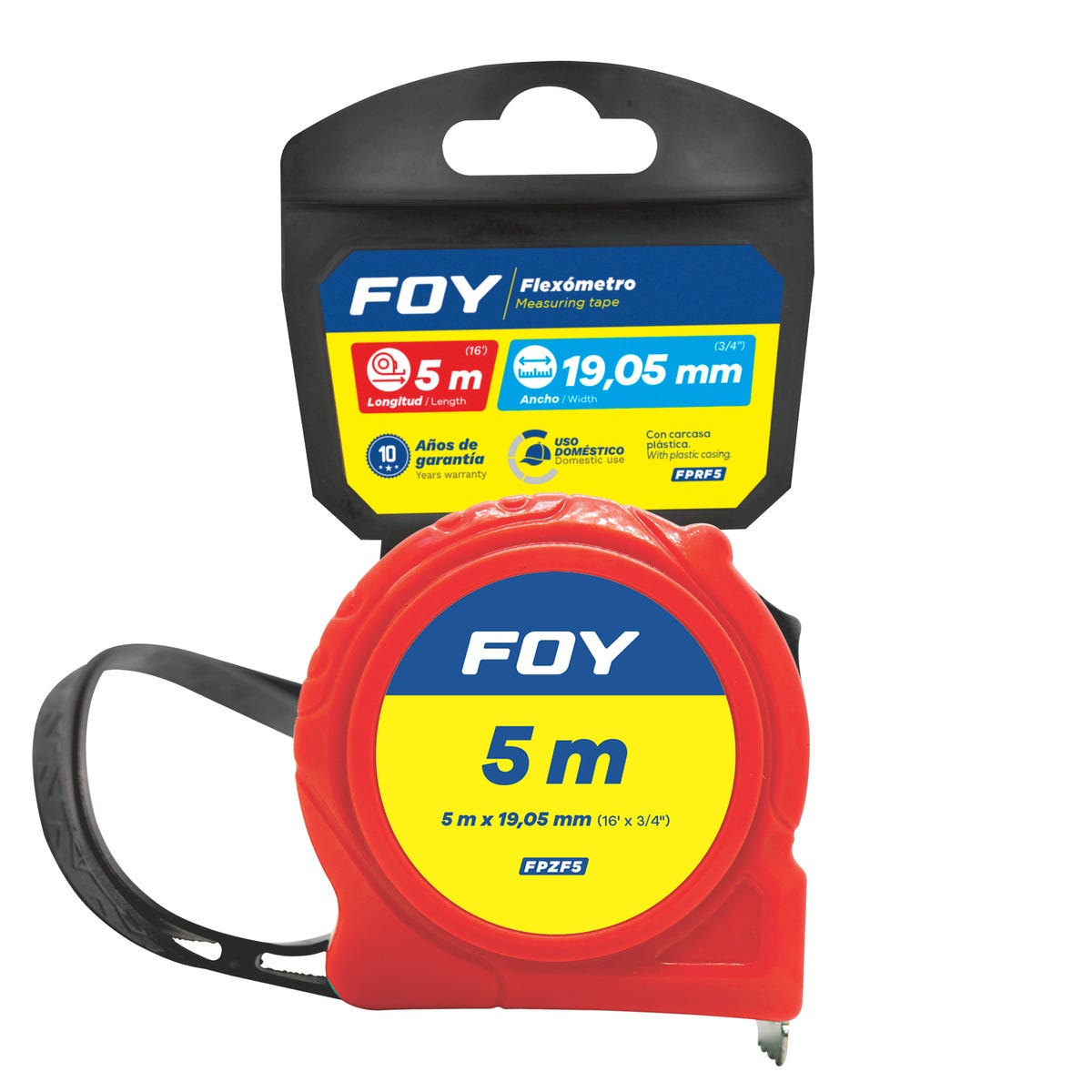 Flexómetro Con Carcasa De Plástico Color Rojo, 5 m x 19 mm, Foy FPRF5