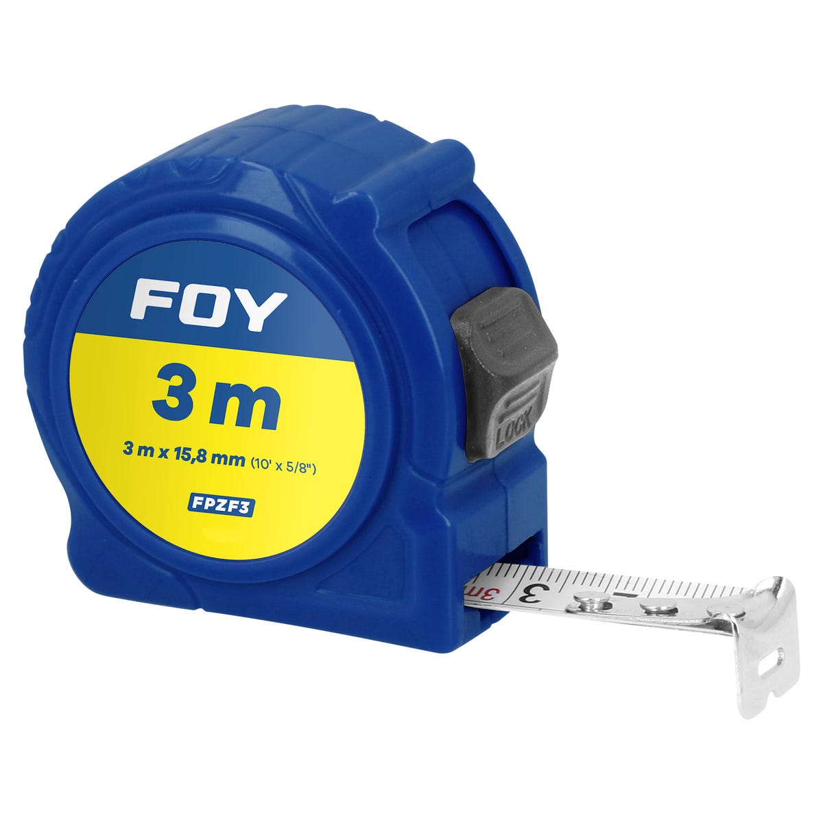 Flexómetros Con Carcasa De Plástico Azul En Display, 3 m x 15 mm, Foy FPZFD3