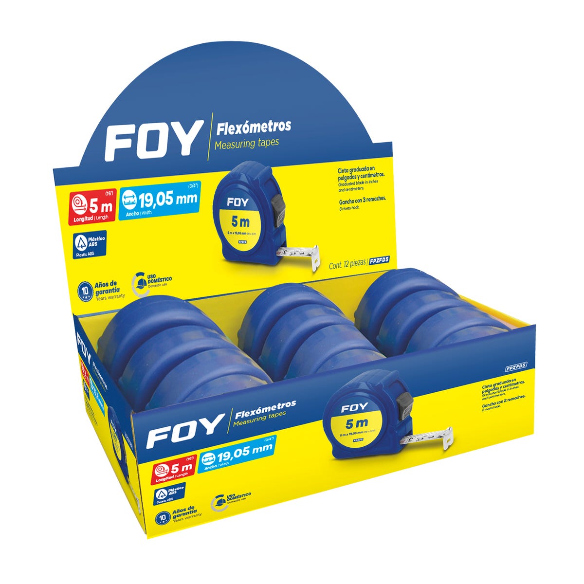 Flexómetros Con Carcasa De Plástico Azul En Display, 5 m x 19 mm, Foy FPZFD5