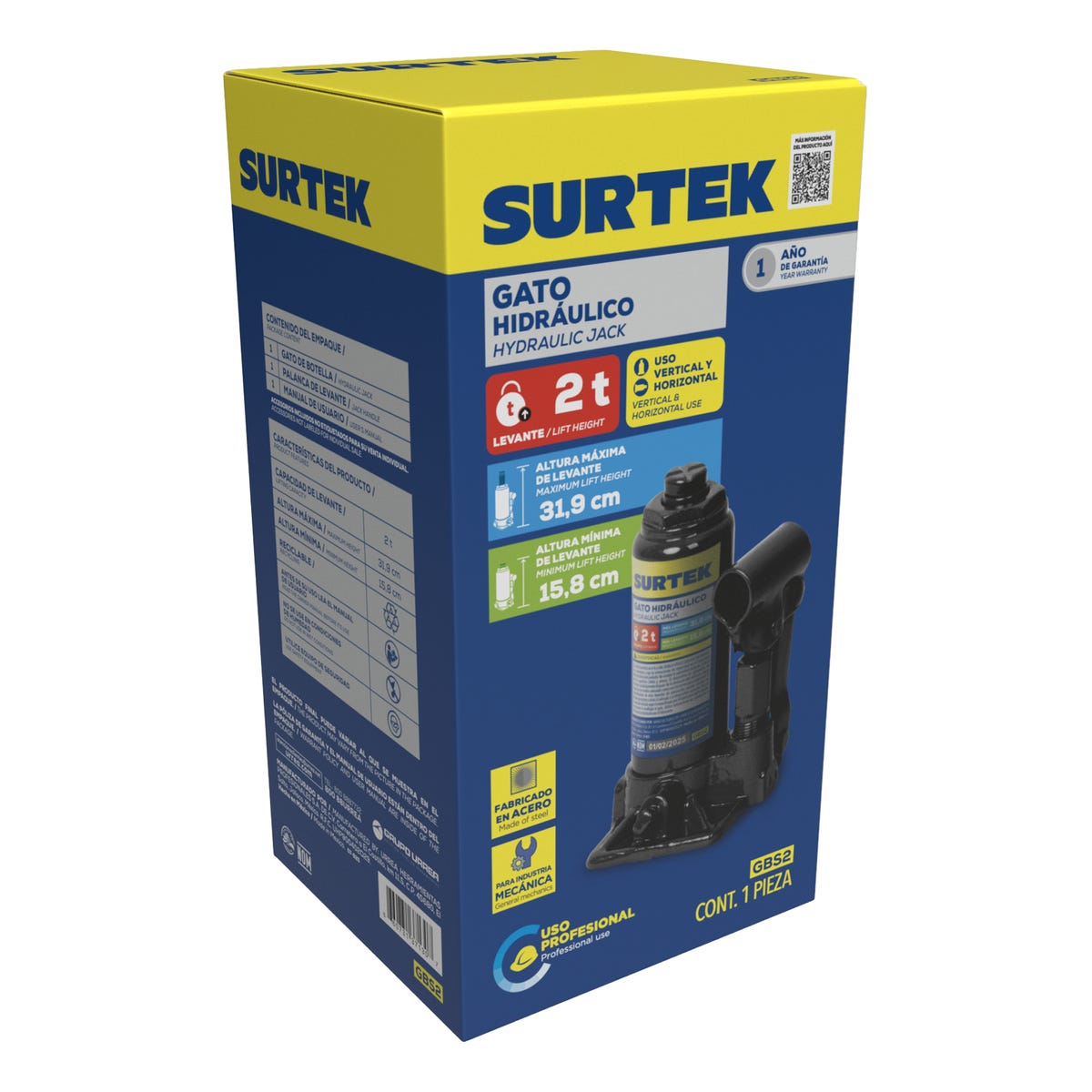 Gato Hidráulico De Botella, 2 Ton, Surtek GBS2