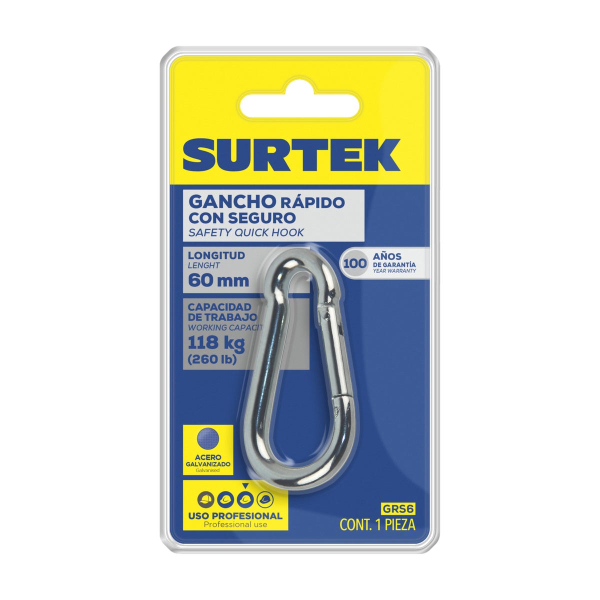 Gancho Rápido Con Seguro 6 x 60 mm, Surtek GRS6