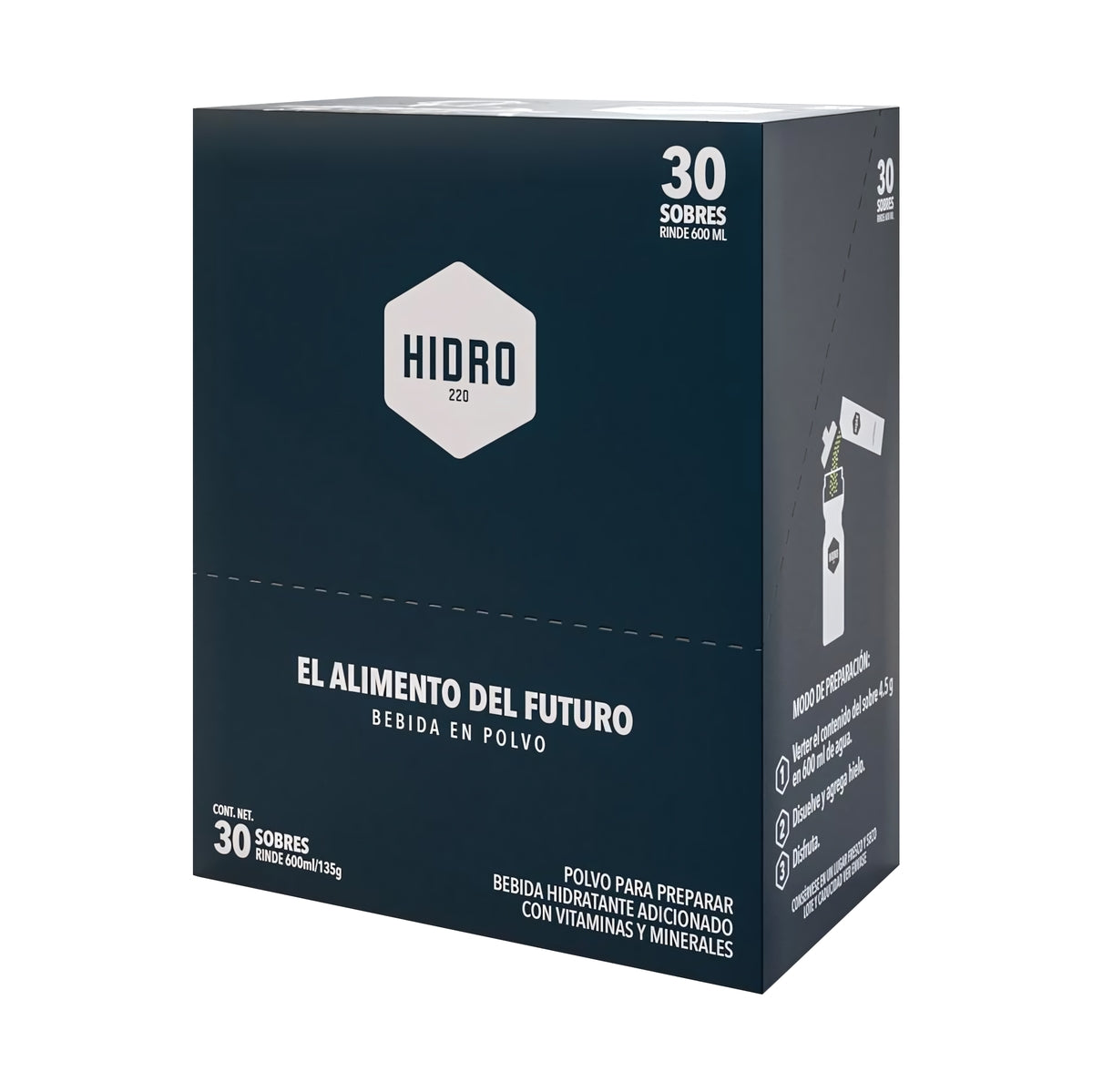H220-HDR-210 Caja con 30 Sobres Pack 135 g (4.5 g c/u) para 600 ml Multisabor Hidro220