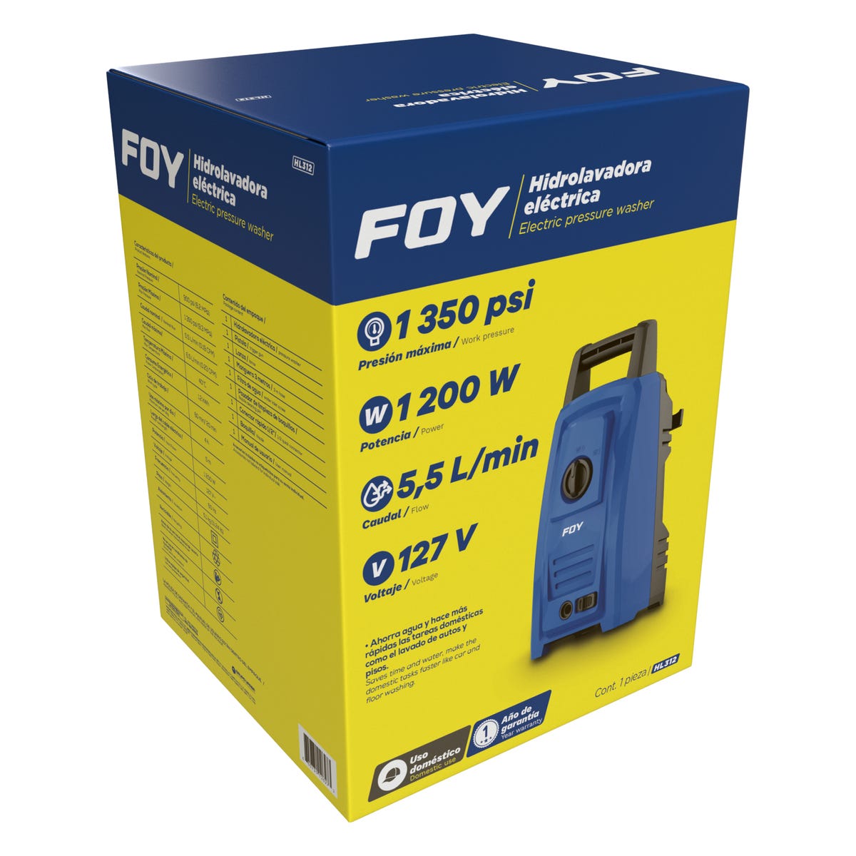 Hidrolavadora Eléctrica 1200 W 127 V 1350 PSI, 5.5 L Por Minuto, Foy HL312