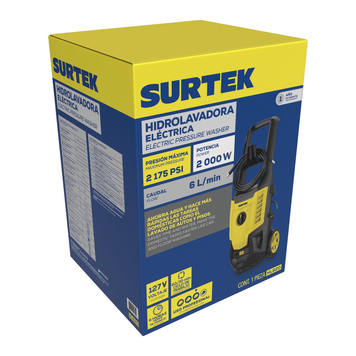 Hidrolavadora Eléctrica 2000 W 127 V 2175 PSI, 6 L Por Minuto, Surtek HL620
