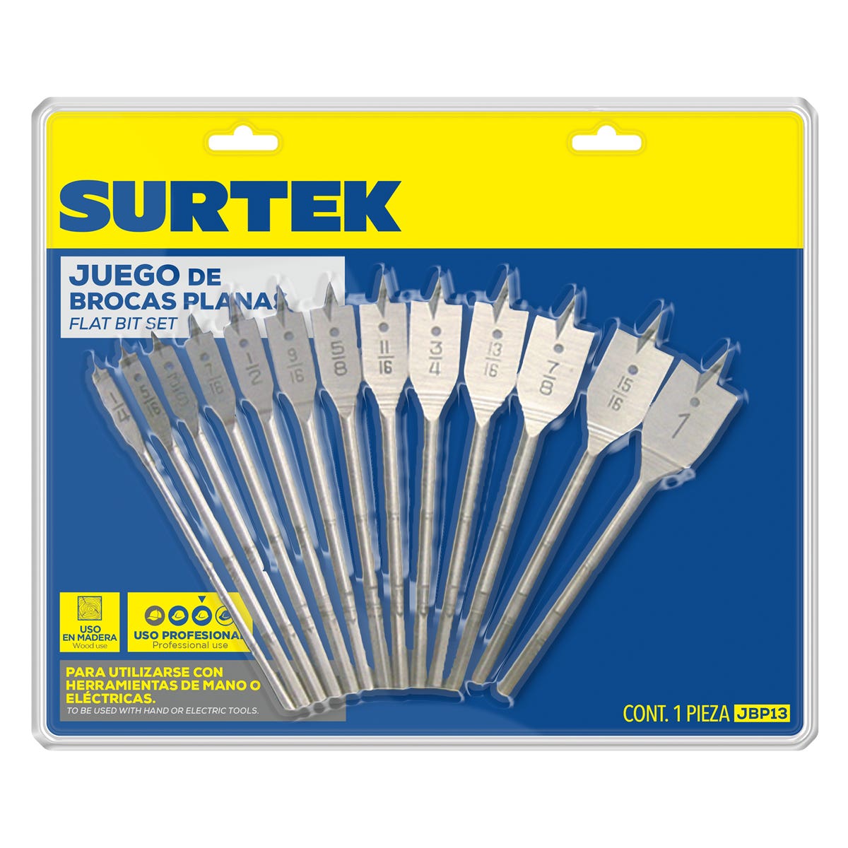 Juego De Brocas Para Madera De Acero Al Carbono Tipo Manita Zanco Hexagonal, 13 Piezas, Surtek JBP13