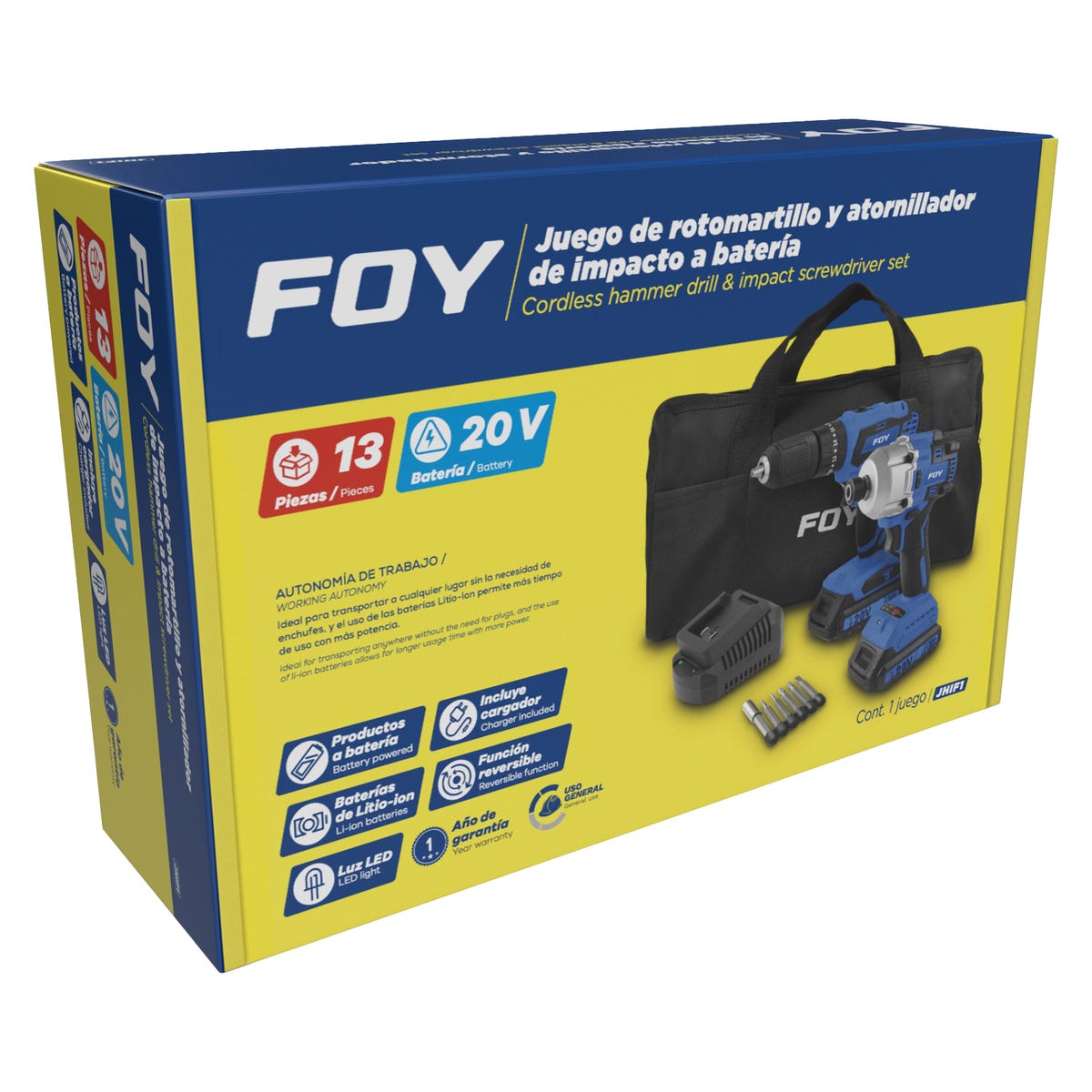 Juego De Rotomartillo Y Atornillador De Impacto A Batería Li-Ion 20 V 2 Piezas, Con Mochila, Foy JHIF1