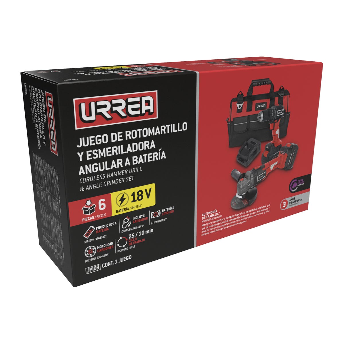 Juego De Rotomartillo Y Esmeriladora A Batería Li-Ion 18 V 3 Piezas, Con Maleta, Urrea JPI09
