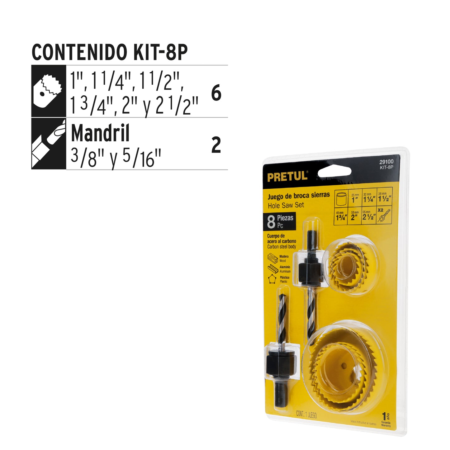 29100 KIT-8P Juego de 7 brocasierras acero al carbono y 1 mandril, pretul