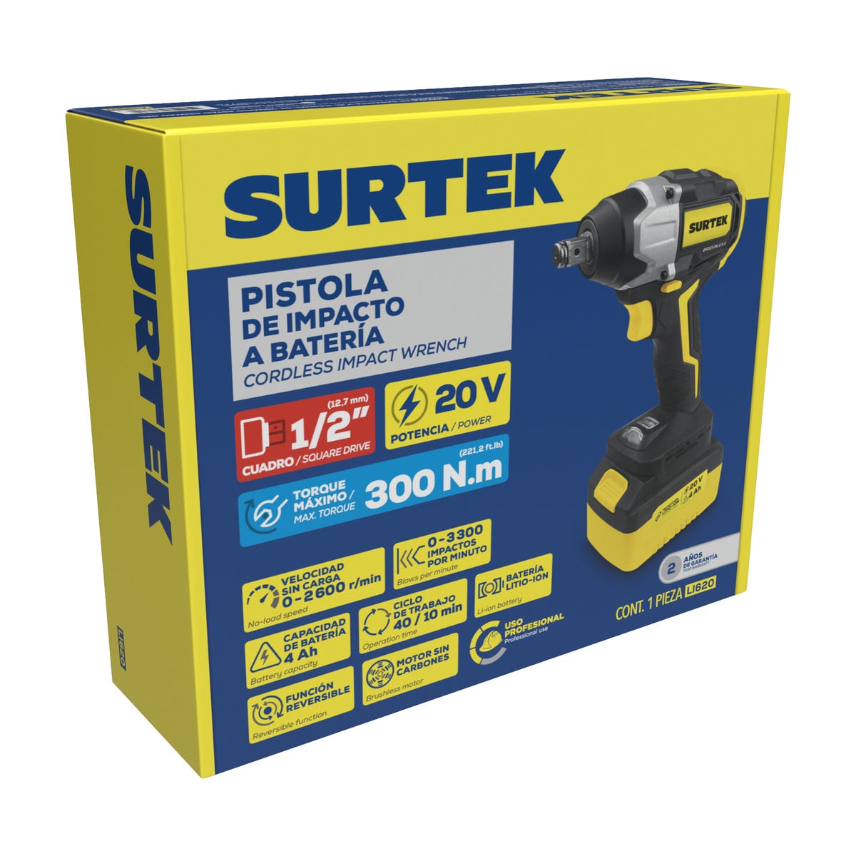 Pistola De Impacto 1/2 A Batería Litio-Ion 20 V, 230 Nm, Surtek LI620