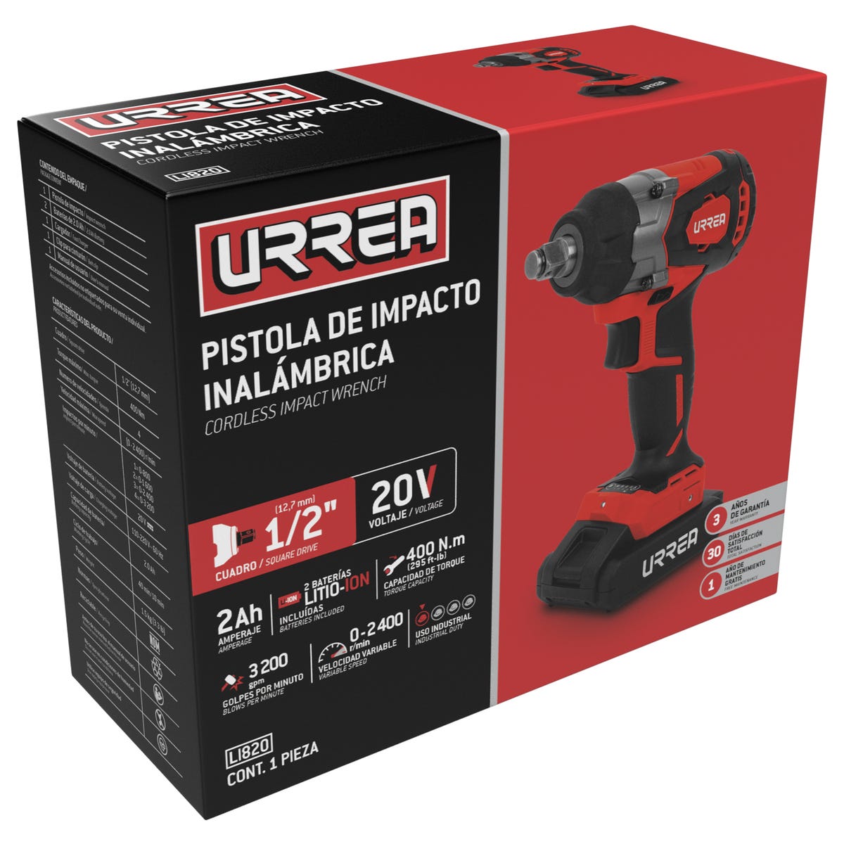 Pistola De Impacto 1/2 A Batería Litio-Ion 20 V, 400 Nm, Urrea LI820
