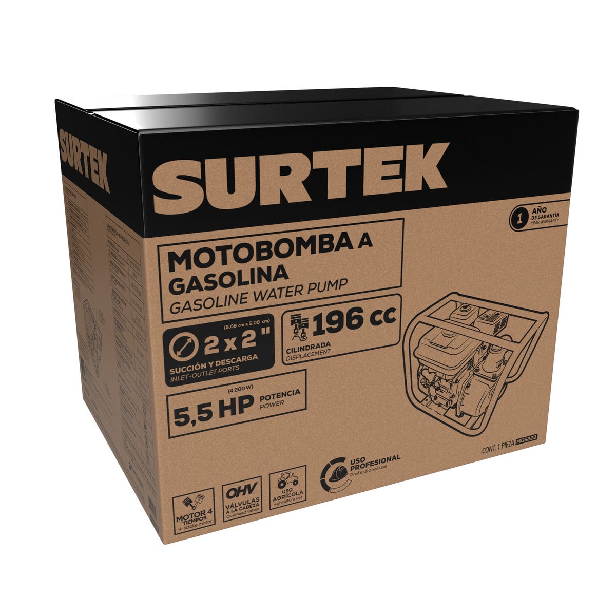 Motobomba A Gasolina Con Diámetro De Succión Y Descarga De 2x2, 5.5 HP, Surtek MG522B