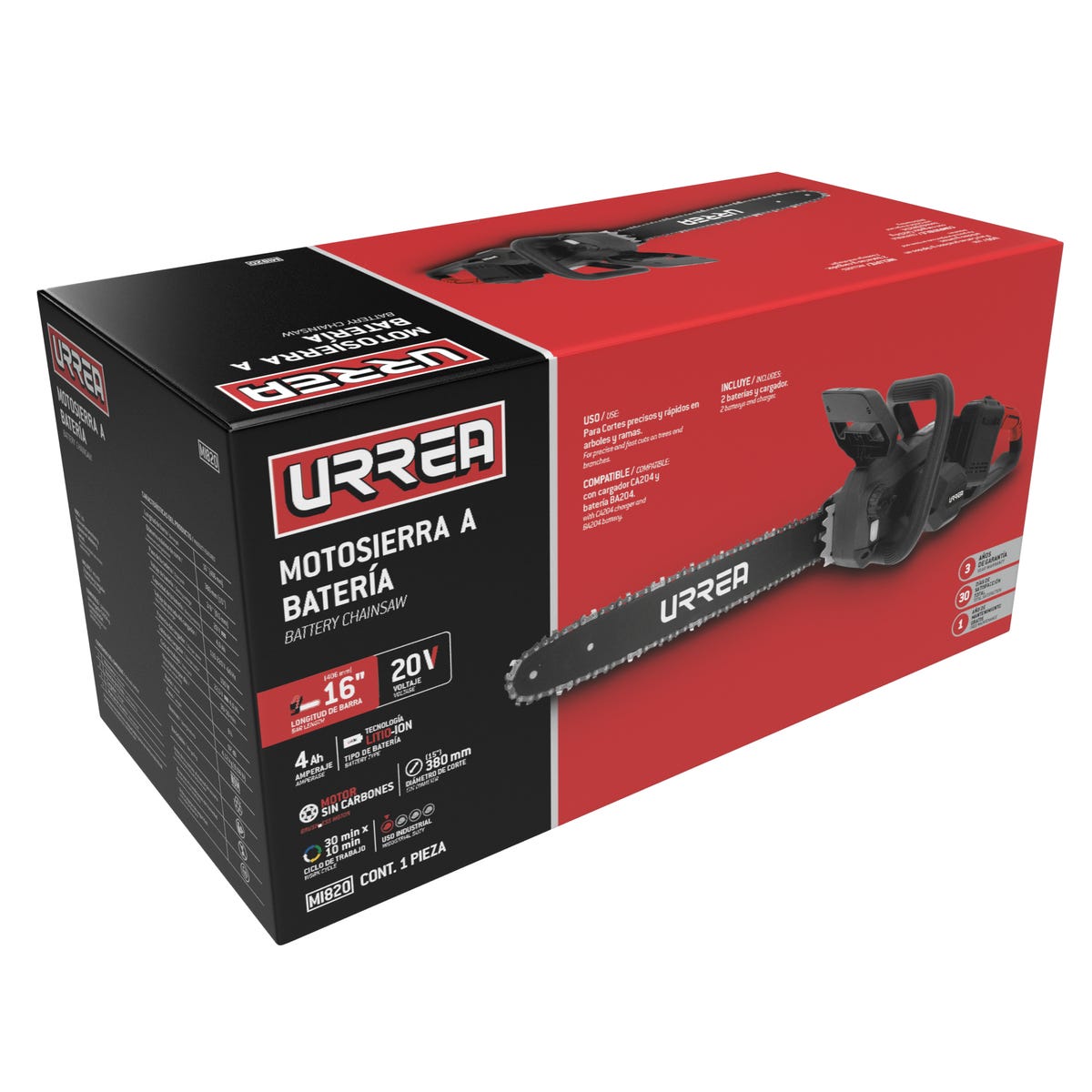 Motosierra 16 A Batería Litio-Ion 20+20 V, Urrea MI820