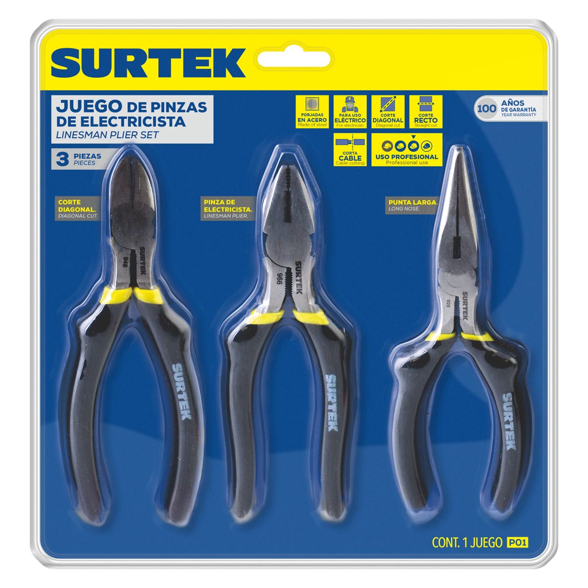 Juego De Pinzas Para Electricista, 3 Piezas, Surtek P01