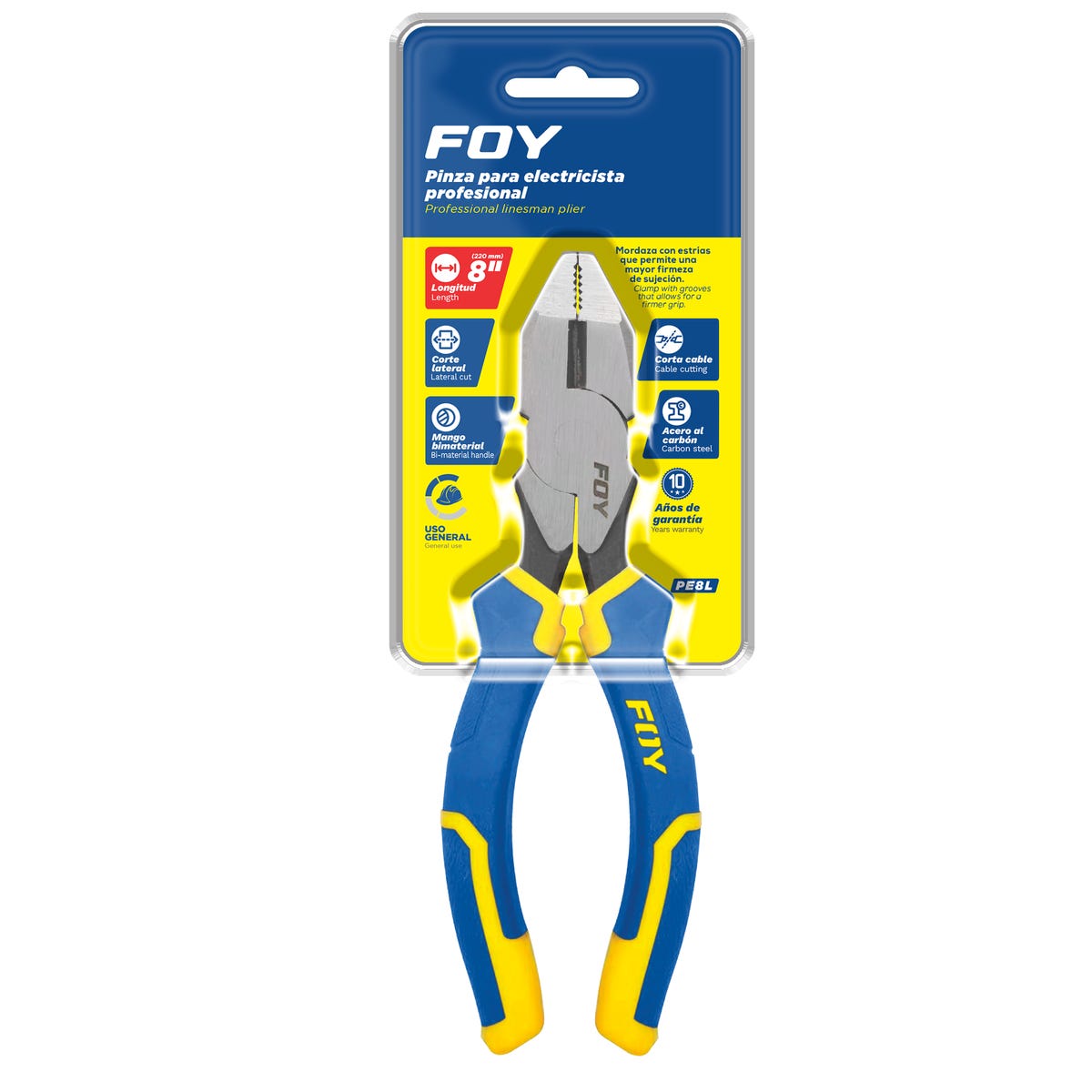 Pinza Para Electricista Con Mango Bimaterial Corte Lateral De 8, Foy PE8L