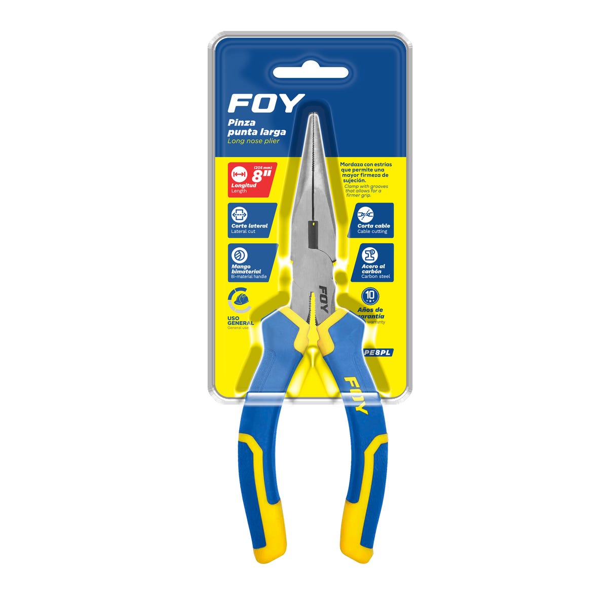 Pinza Para Electricista Con Mango Bimaterial Punta Larga De 8, Foy PE8PL