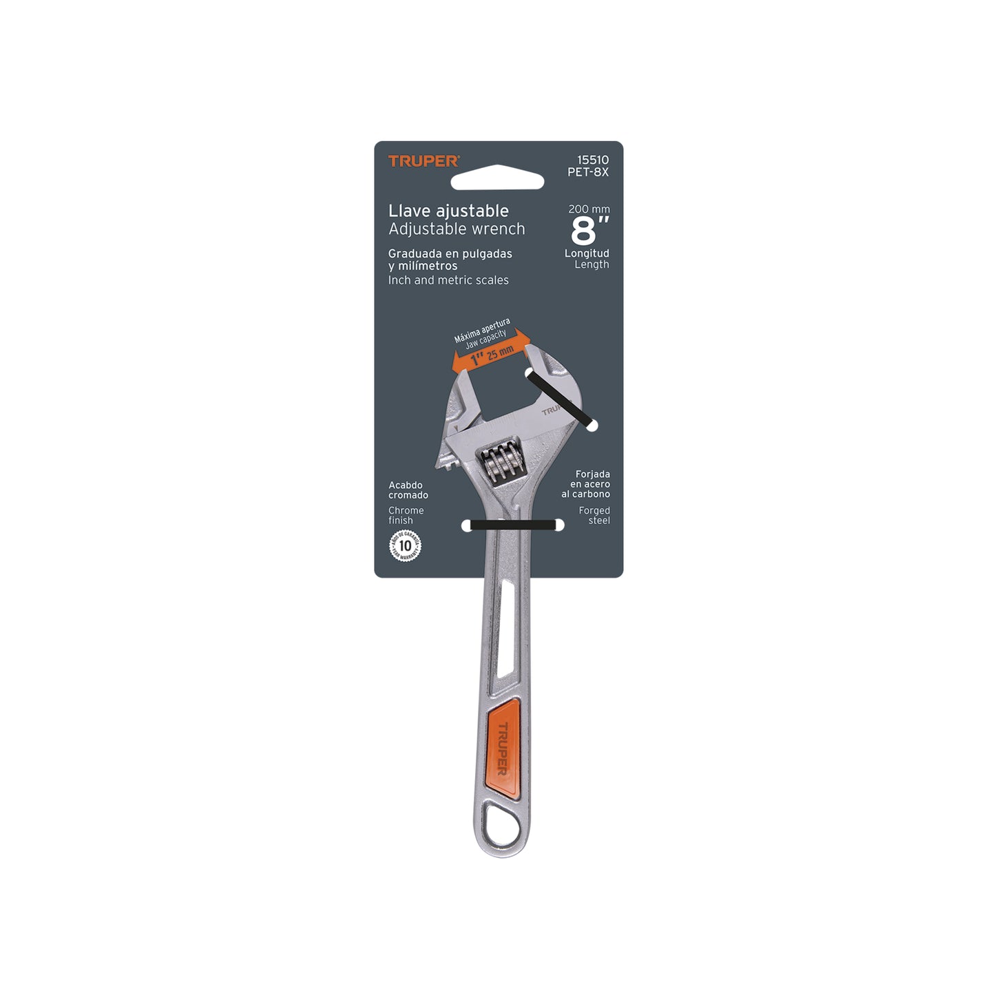 15510 PET-8X Llave ajustable (perico) 8" cromada mango de pvc, truper