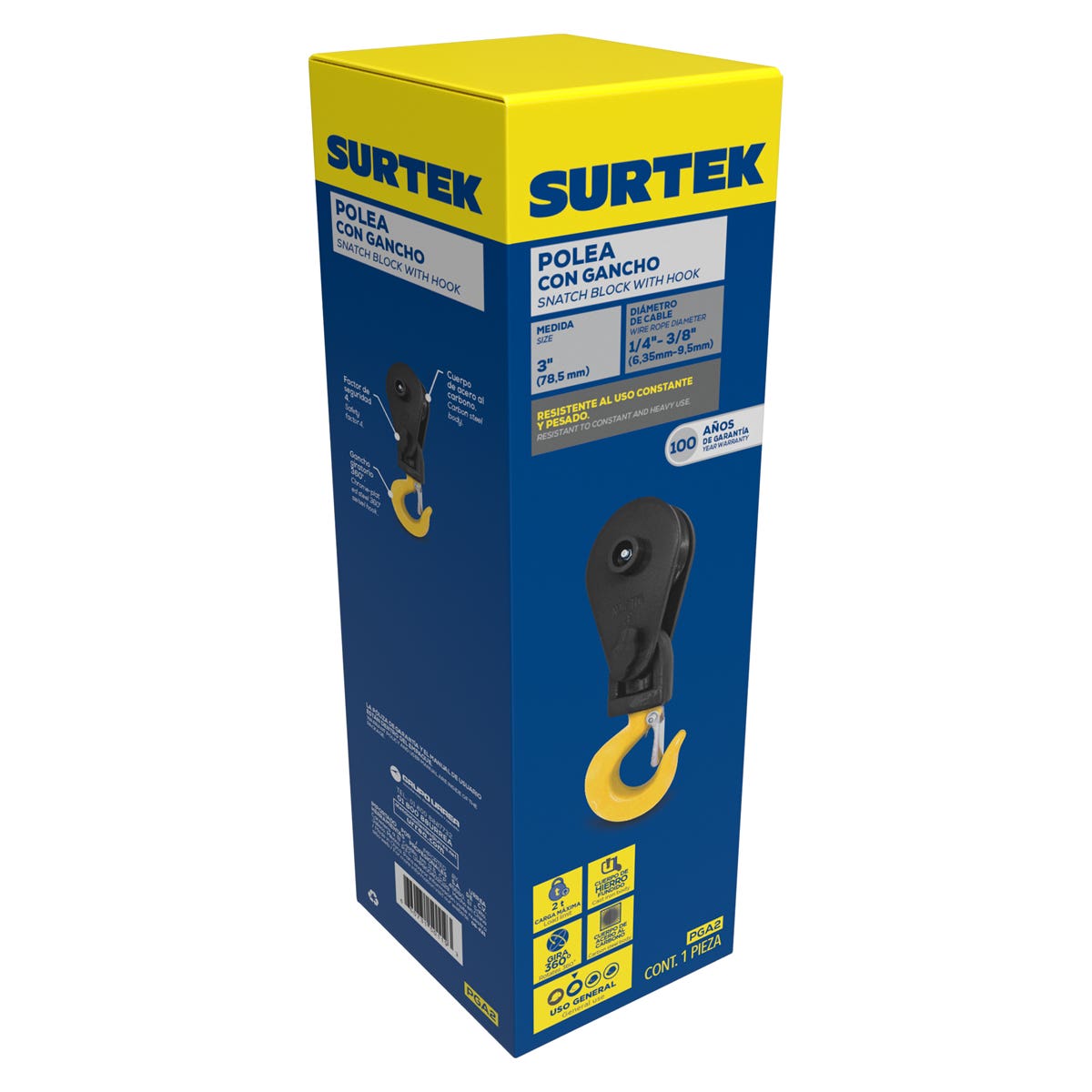 Polea Con Gancho Para Cable 3/8, 2 Ton, Surtek PGA2