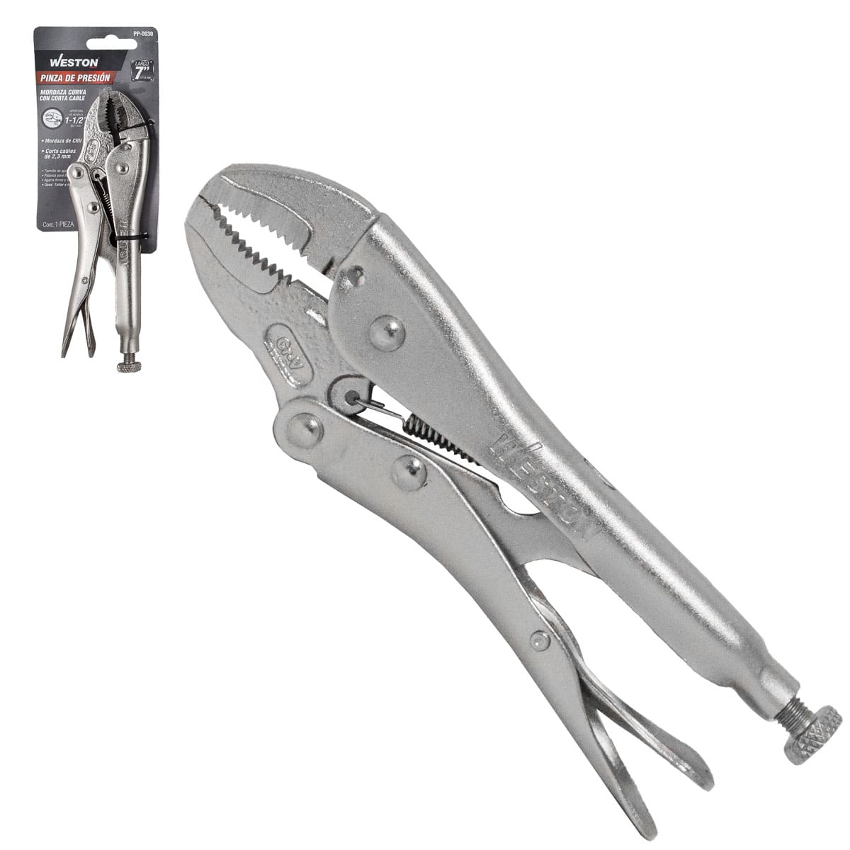 Pinza de Presión con Mordaza Curva CRV con Corta Cable 7'' (7WR) | PP-0030