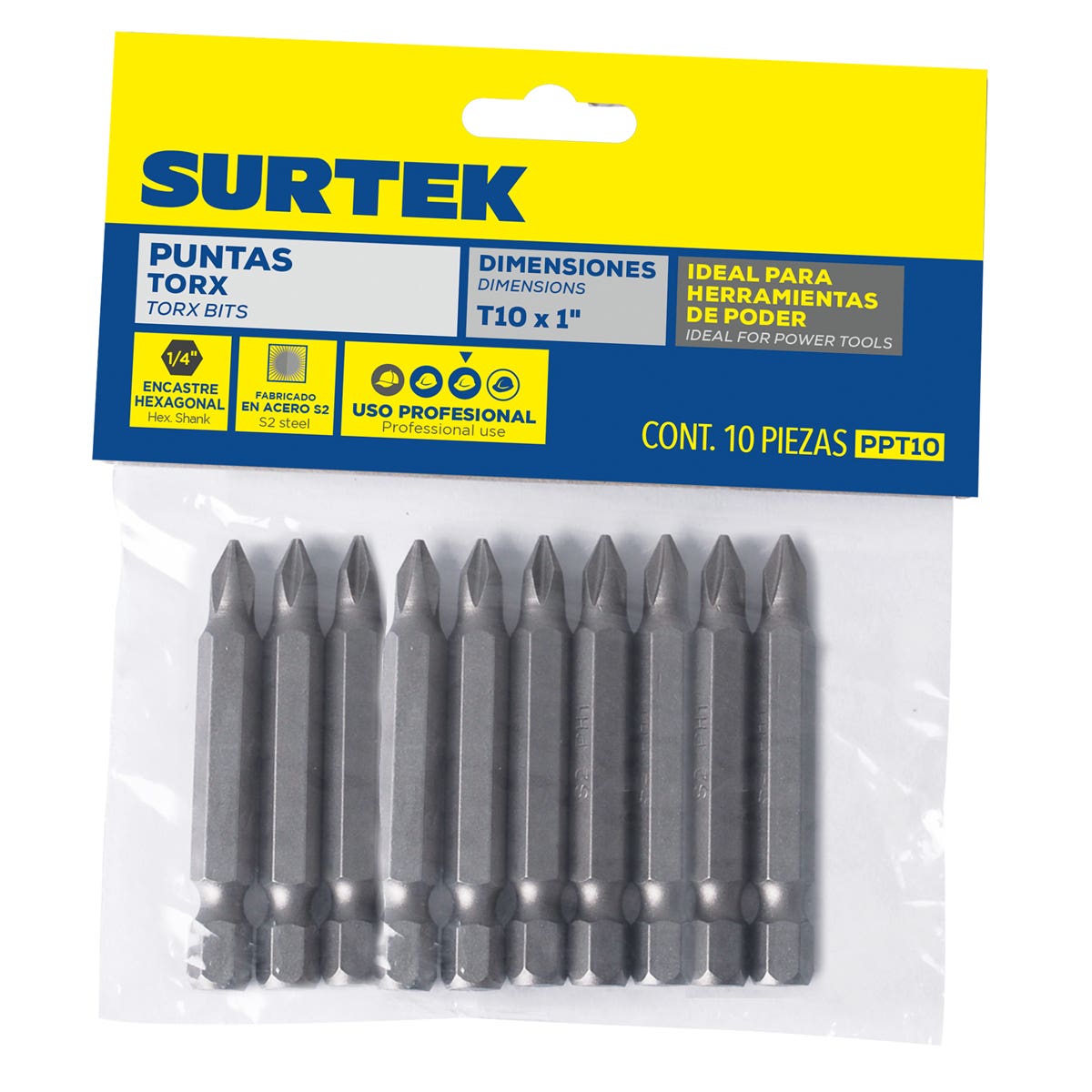 Punta Torx De Poder Hexágono De 1/4, T10 x 1 10 Piezas, Surtek PT10