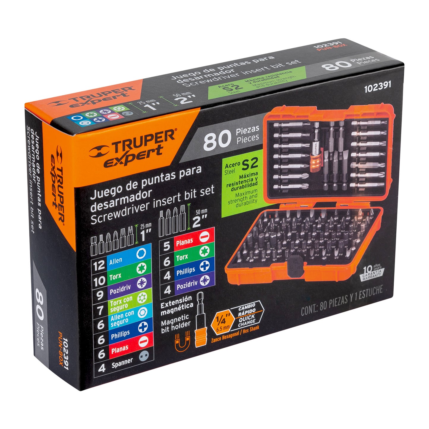 102391 PUN-80X Juego de puntas mixtas 1" y 2", 80 piezas, truper expert