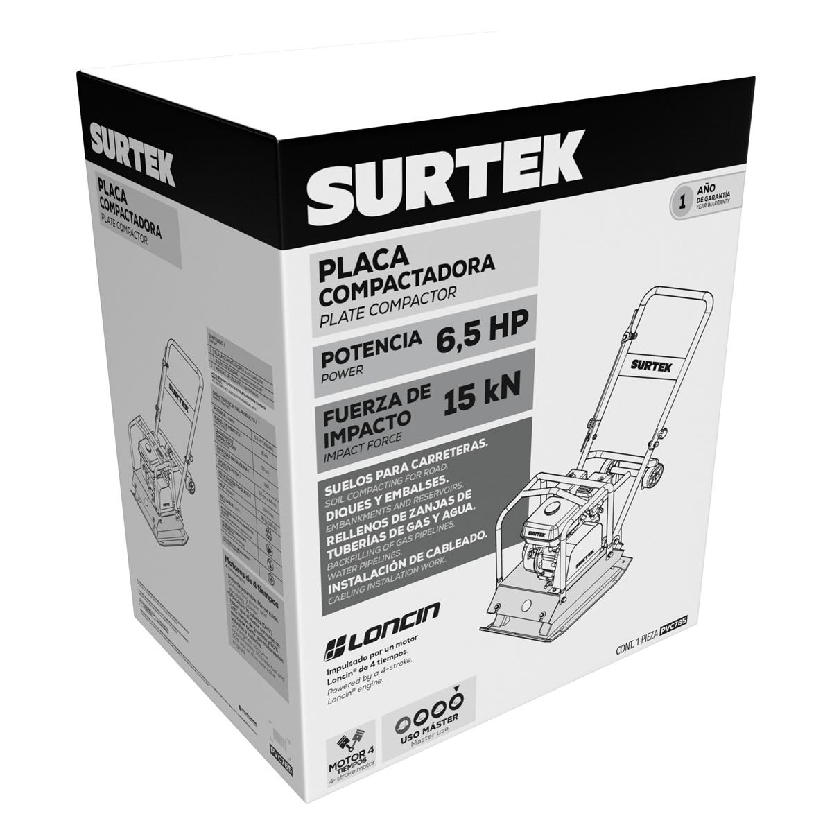 Placa Compactadora A Gasolina Con Motor De 4 Tiempos, 6.5 HP, Surtek PVC765